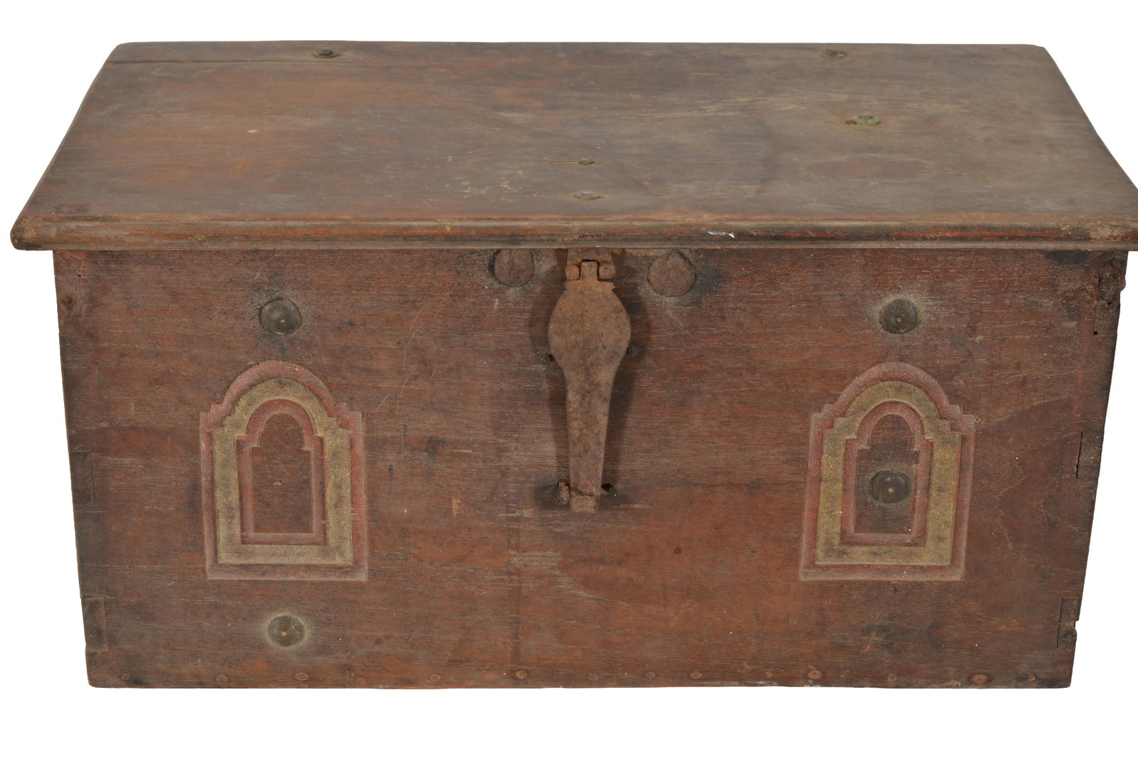 18th Century carved oak box with paint decorated panels. 12 x 24 x 13 in. (1 of 4)
