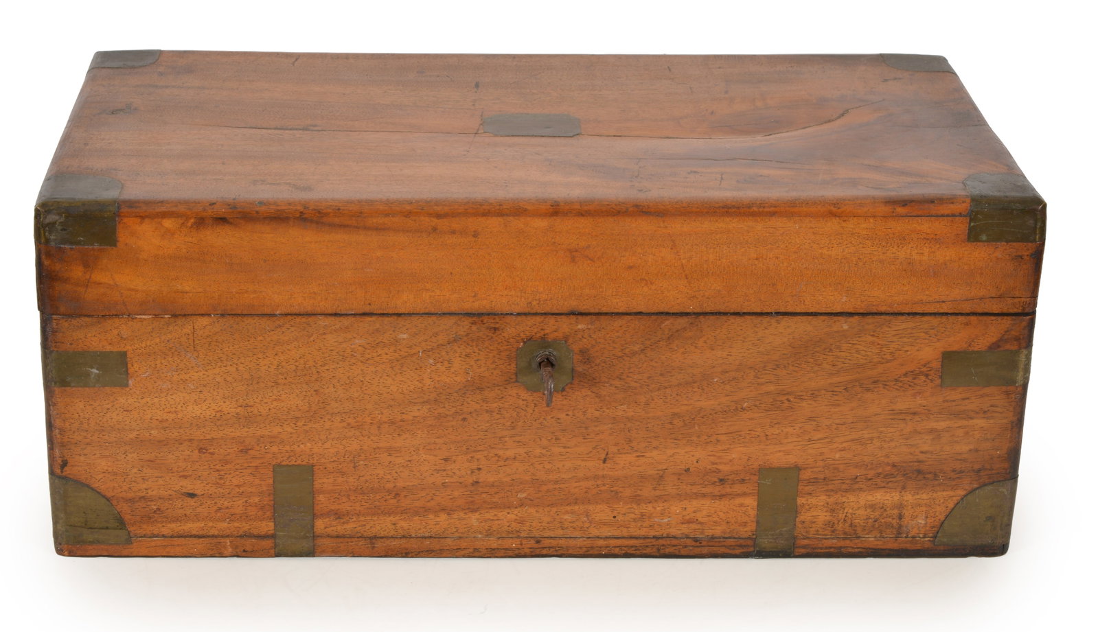 19th Century brass bound camphor wood trunk with original bail handles and lock with key. 9.5 x 24 x (1 of 6)
