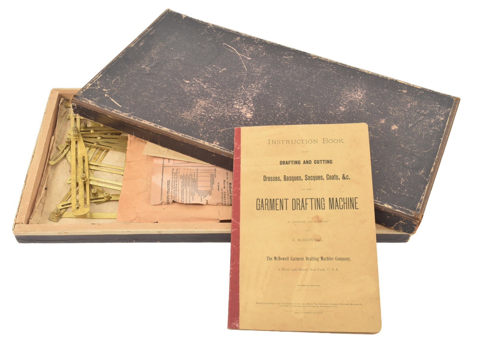 Late 19th Century boxed dress making tool, The McDowell Garment Drafting Machine Company. (1 of 6)