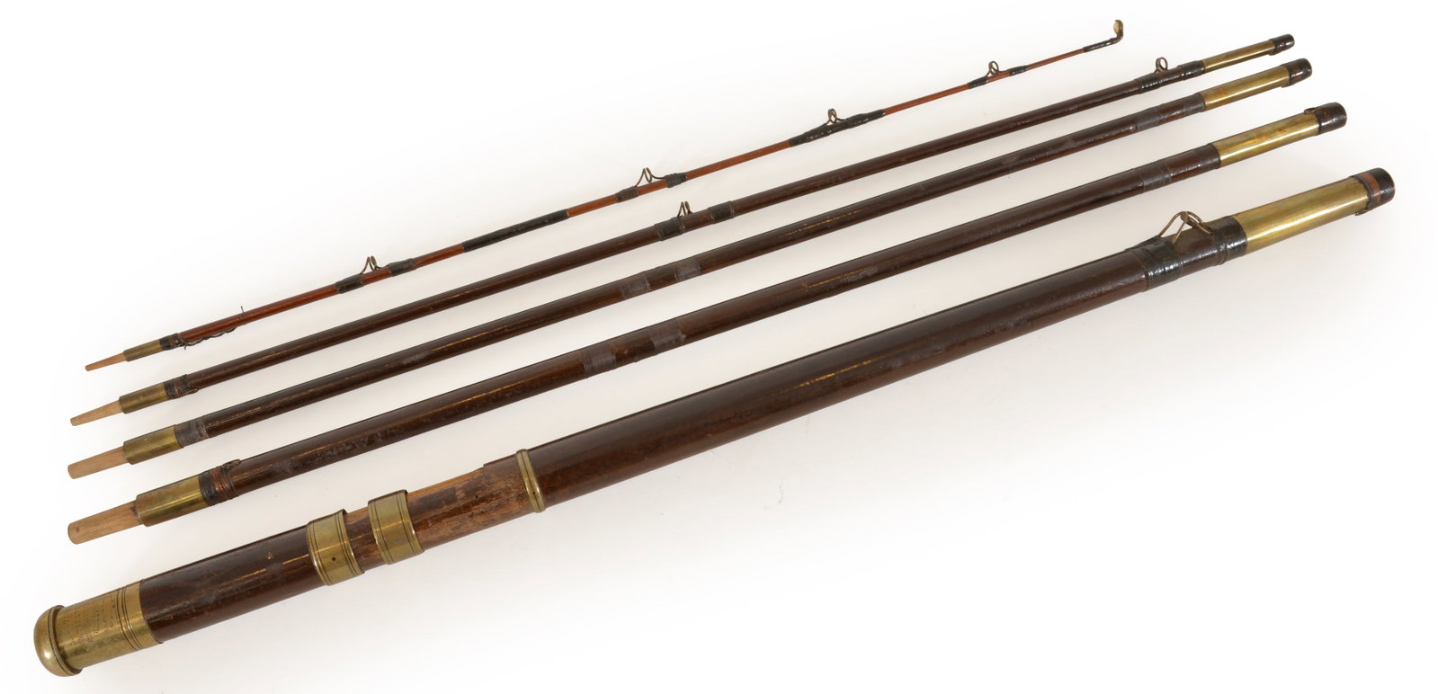Chevalier Bowen & Son brass and wood flyrod, together with two folding nets, late 19th Century. 5 (1 of 6)
