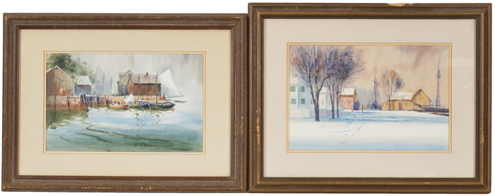 Paul Landry, Halifax 20th Century. 2 Harbor side scenes. One of fisherman in a dory titled Orange