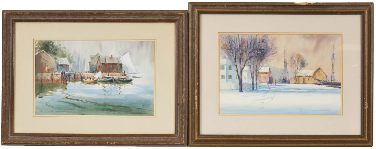 Paul Landry, Halifax 20th Century. 2 Harbor side scenes. One of fisherman in a dory titled Orange (1 of 5)