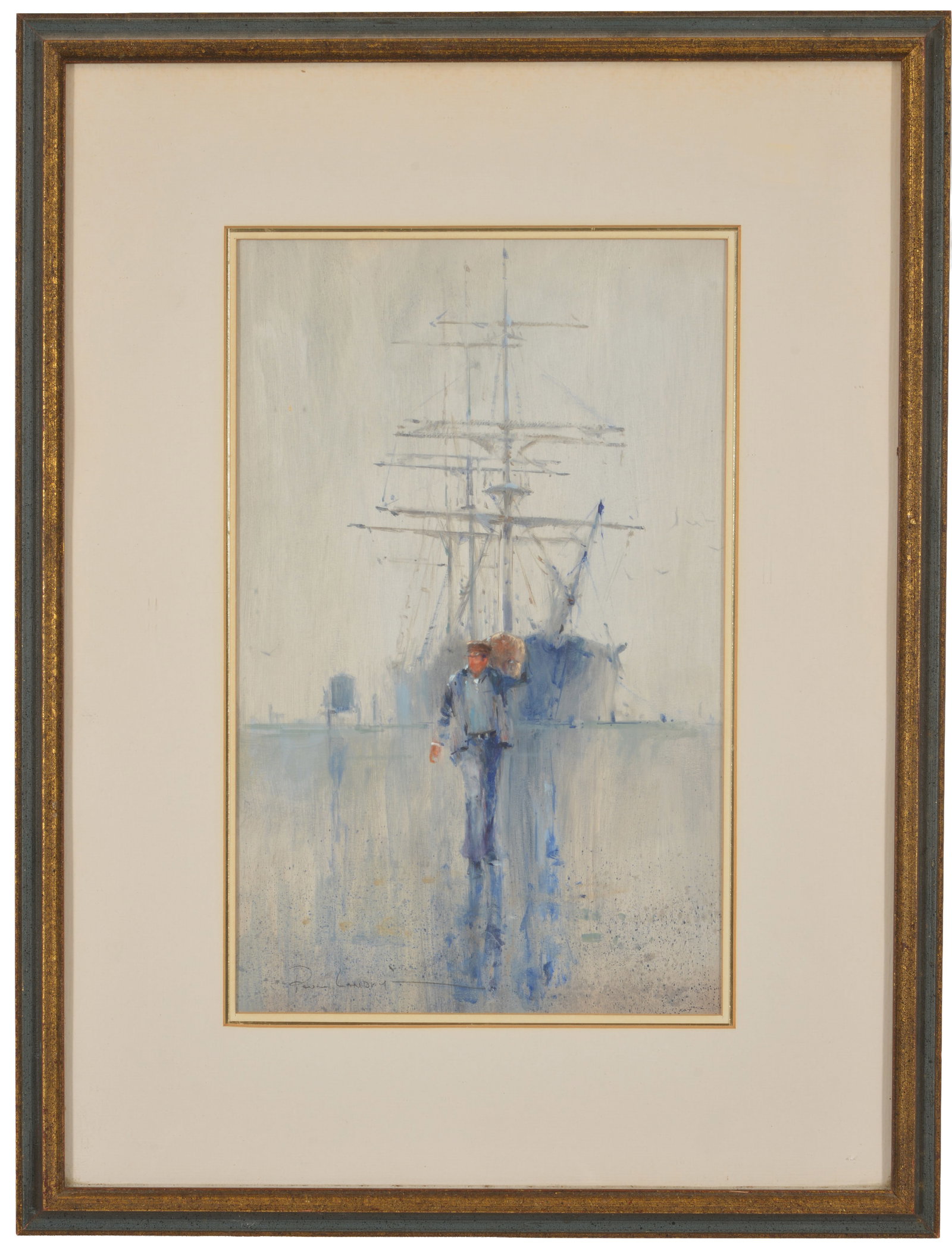 Paul Landry, Halifax 20th Century. Sailor dockside with sailing ship. Signed lower left in pencil. (1 of 8)