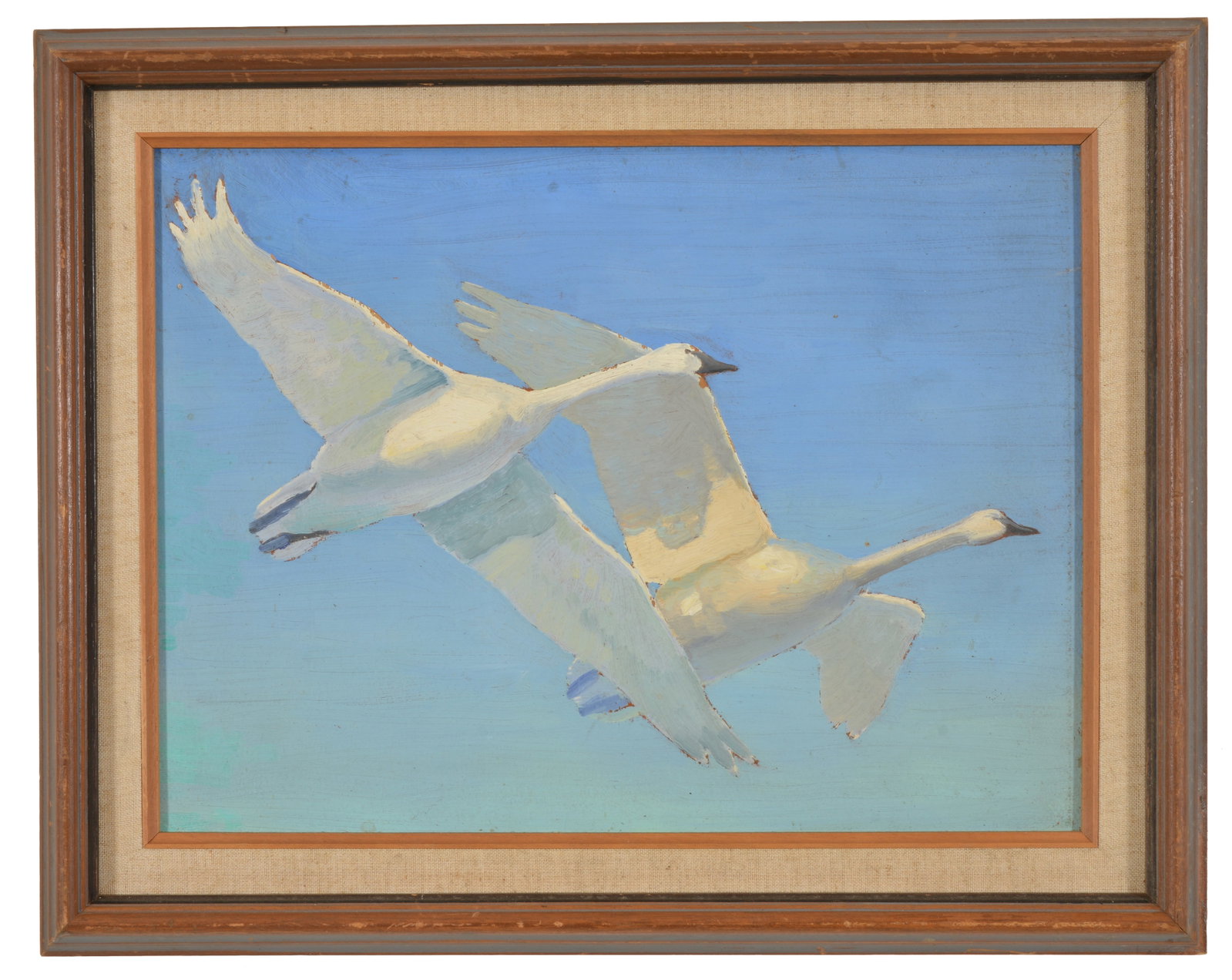 Richard Everett Bishop. Swans in flight. Unsigned Gallery stamp on reverse. Oil on artist panel. (1 of 9)