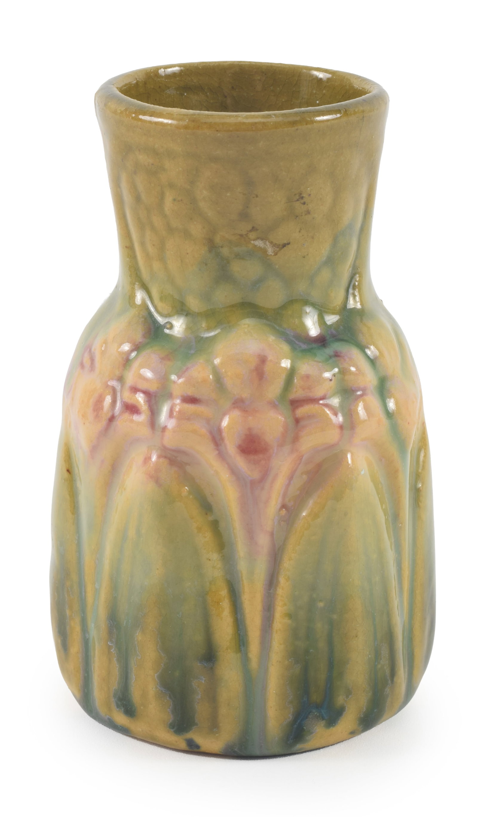 Brush McCoy amaryllis green and pink glazed vase. Height 4.25 in.: Brush McCoy amaryllis green and pink glazed vase. Height 4.25 in.