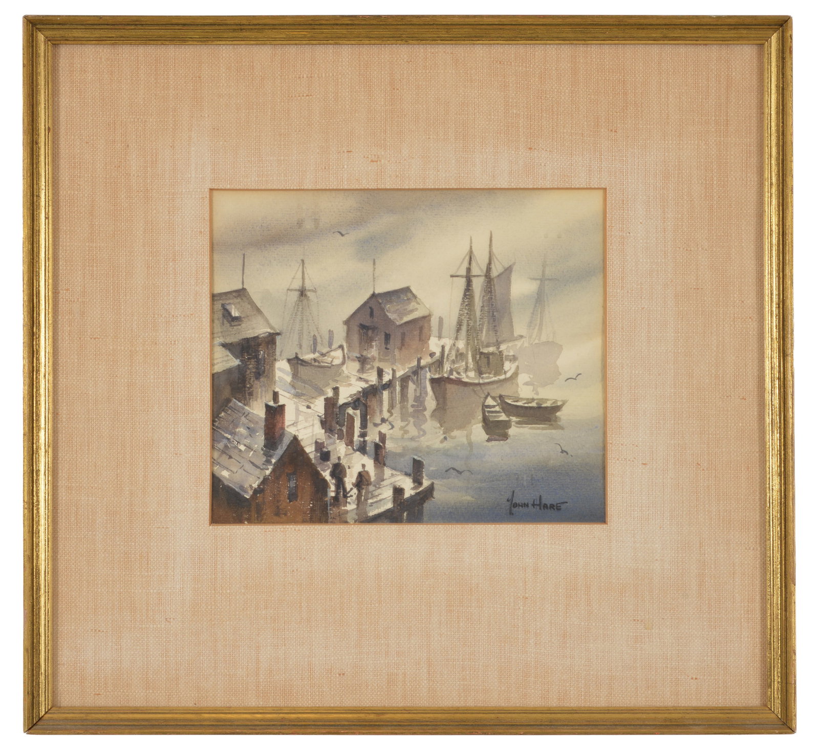 John Cuthbert Hare. Fishing docks with boats and figure. Signed lower right. Watercolor on paper. (1 of 8)