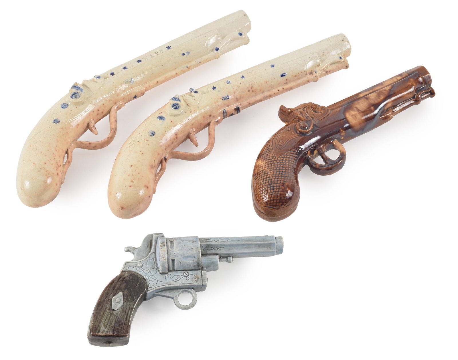 4 antique ceramic pistols. To include: 1) Pinfire revolver. 7.75in length. 2) Bennington style brown (1 of 7)