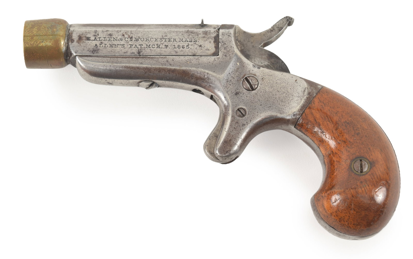 Unusual Ethan Allen Co. single shot derringer pistol. Marked E. Allen & Co. Worcester Mass. / (1 of 6)