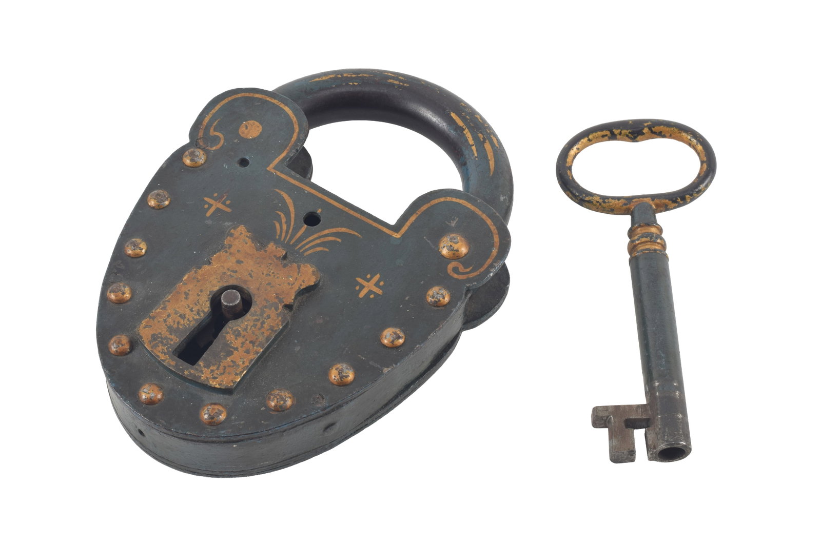 19th century large paint decorated cast iron lock and key. Functioning. 8 x 5.75in. Provenance: From (1 of 4)