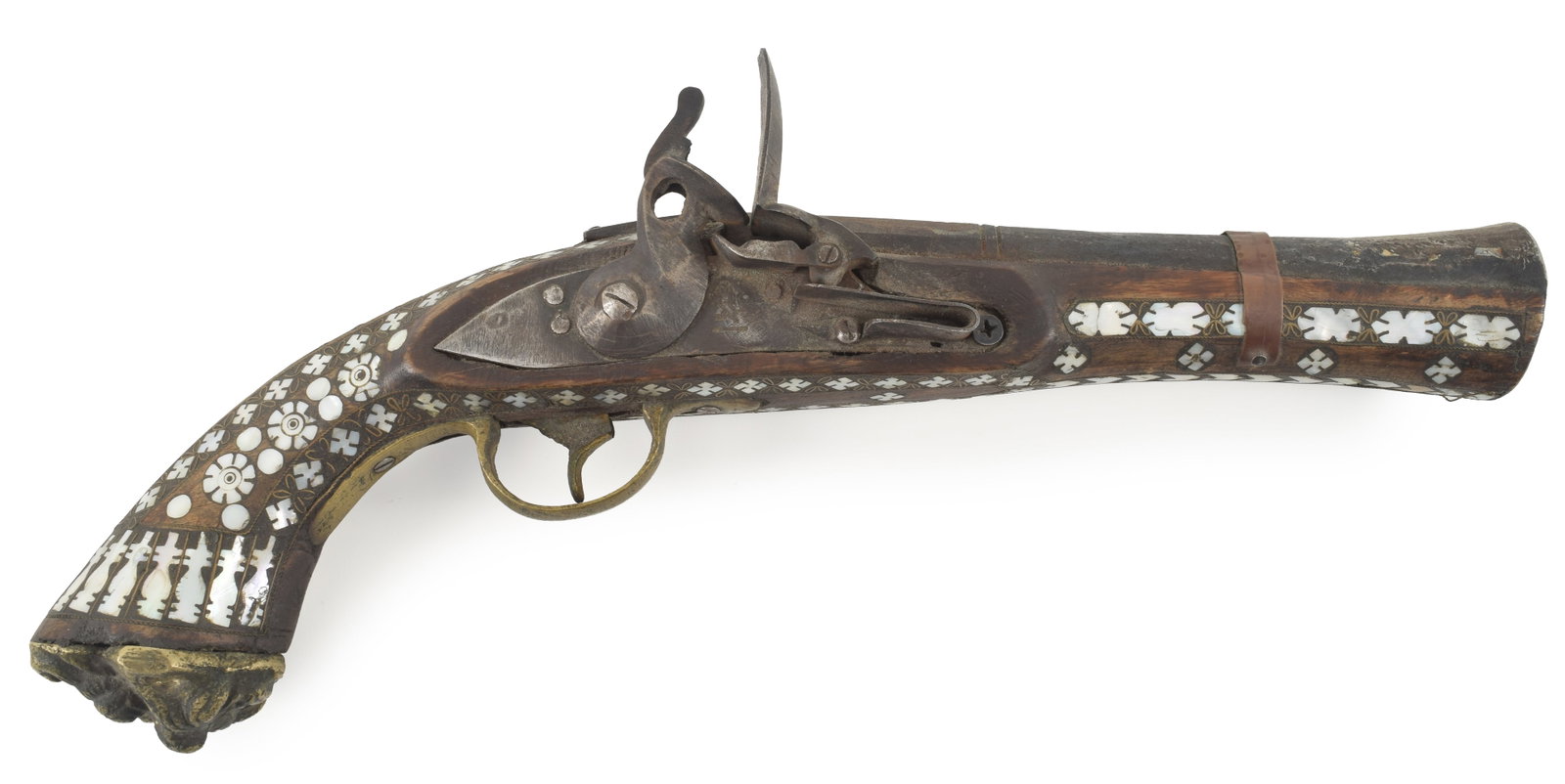 Middle eastern style flintlock pistol, early 20th century. Mother of pearl inlaid stock. (1 of 6)