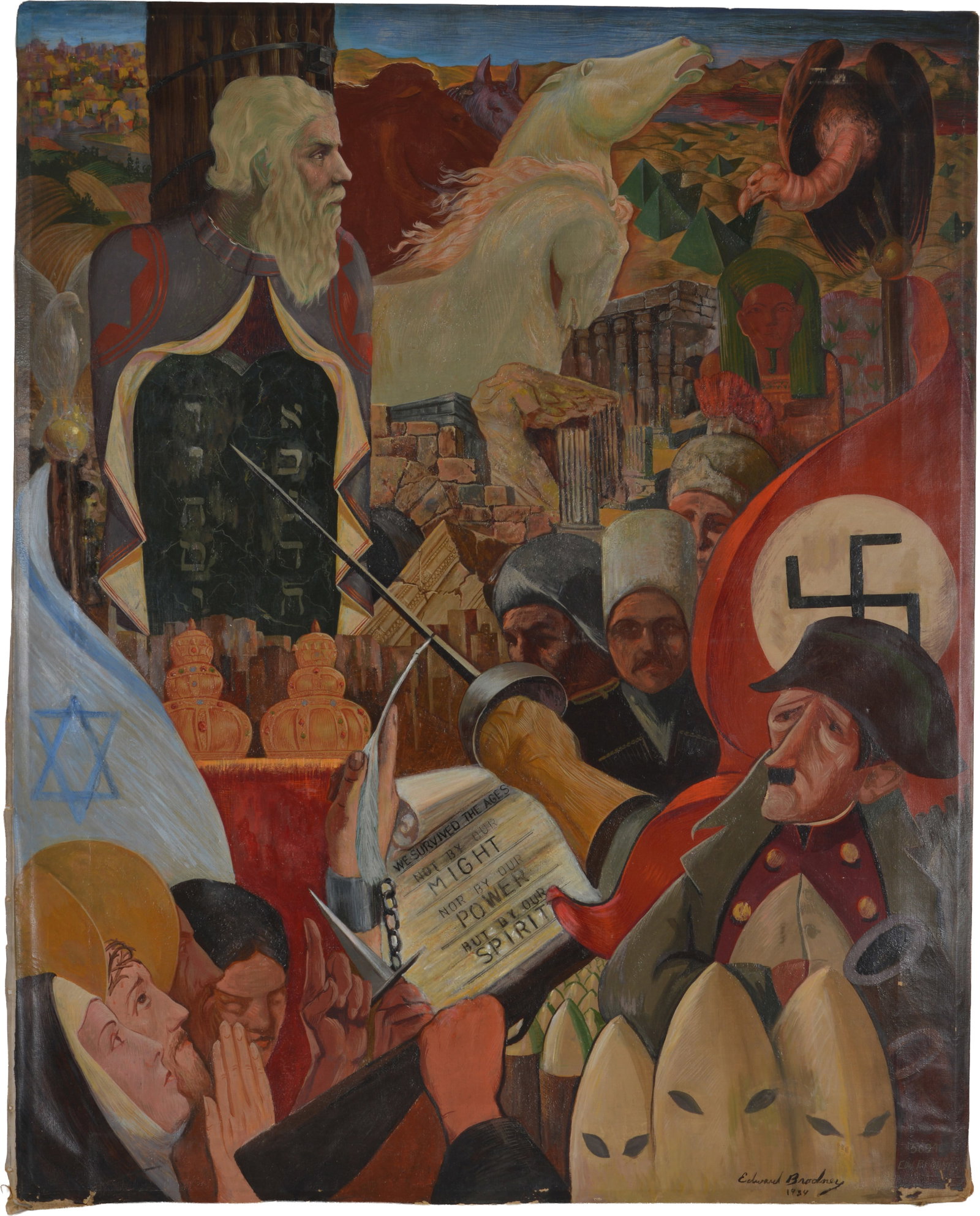 Edward Brodney. 1934. Large mural style painting of the history of the Jewish people. Oil on canvas.: Edward Brodney. 1934. Large mural style painting of the history of the Jewish people. Oil on canvas. Signed and dated lower right. Provenance: From the Rex Stark collection of Gardner, Massachusetts.