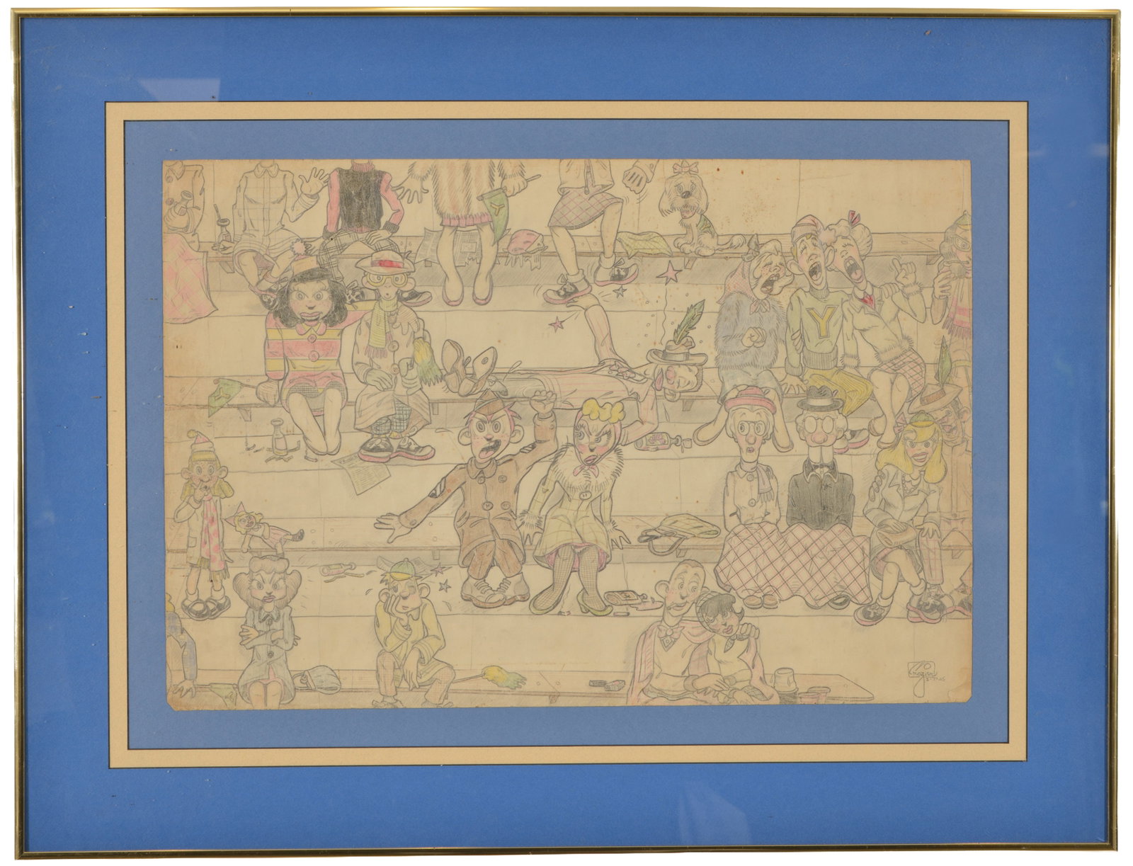 Signed cartoon panel, whimsical satire of fans in bleachers. Signed and dated lower right Cozier (1 of 7)