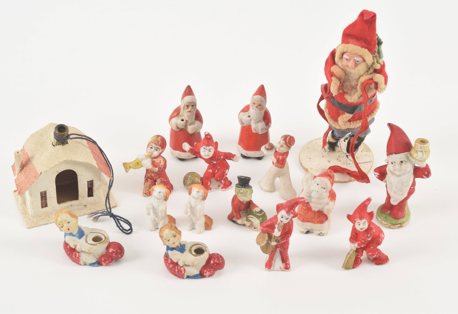 Lot early German Christmas figures and models. Tallest felt Santa with damage to legs.: Lot early German Christmas figures and models. Tallest felt Santa with damage to legs.