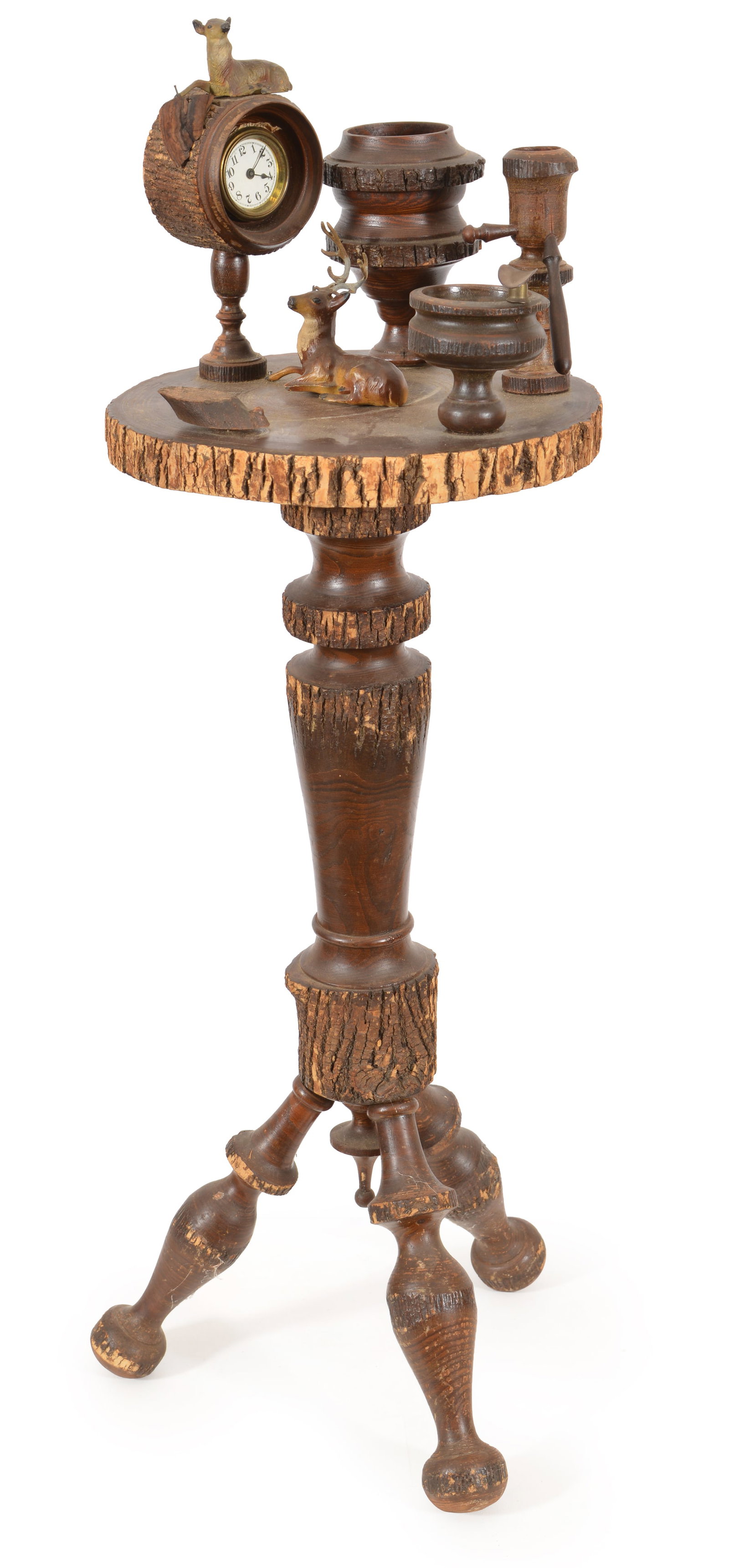 Adirondack style folk smoking stand with live edge construction and assorted elements on top, (1 of 8)