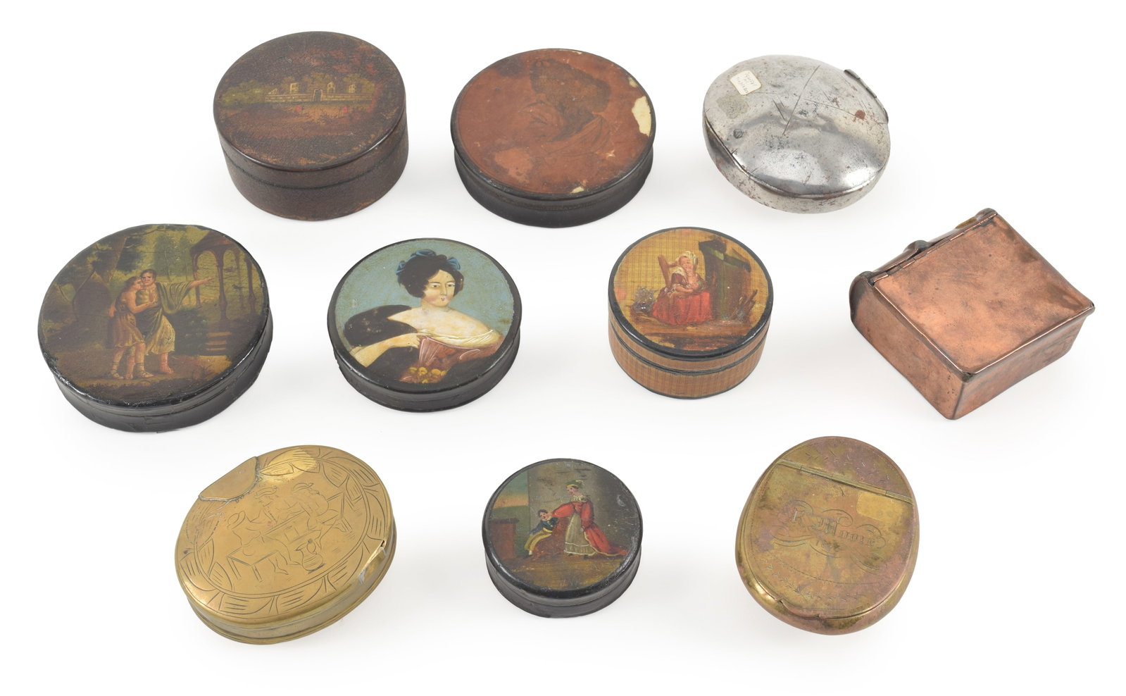 Lot of 10 metal and lacquered snuff boxes. Several with hand painted decoration. (1 of 11)