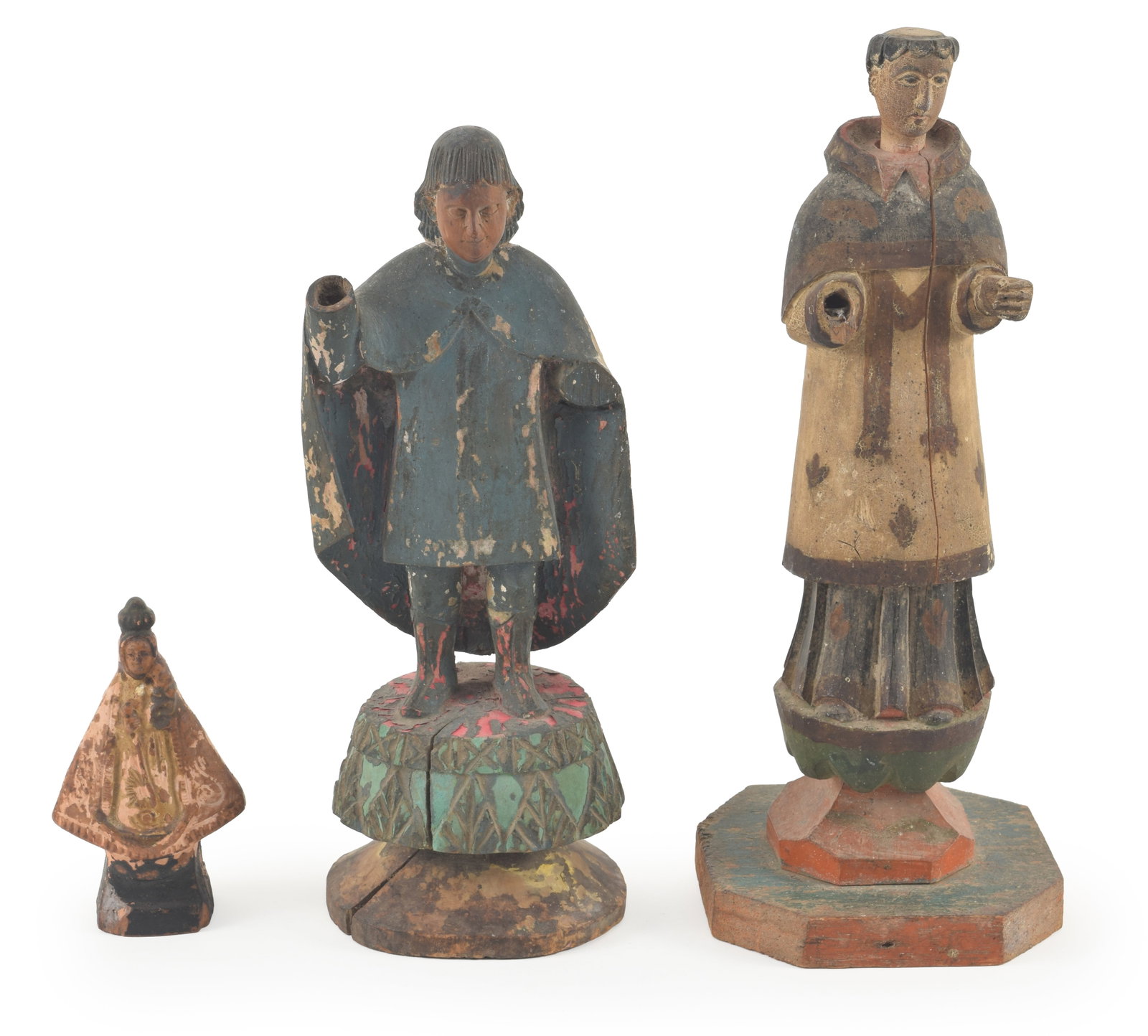 3 religious figures. 1) 2 Santos figures. Carved and paint decorated standing saints on plinths. (1 of 9)
