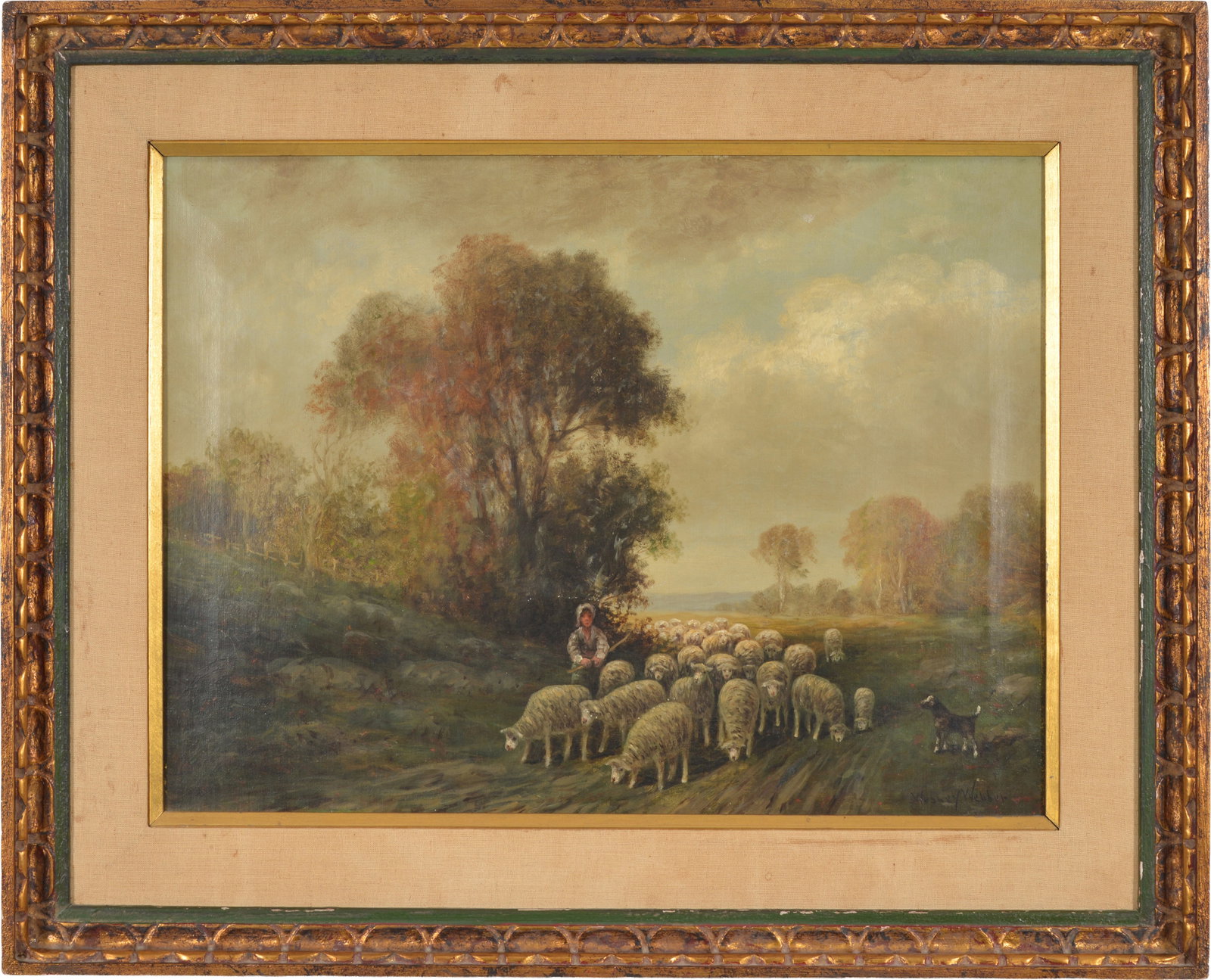 Wesley Webber. Shepherd and sheep along a country road. Oil on canvas. Framed. Signed lower right. (1 of 7)