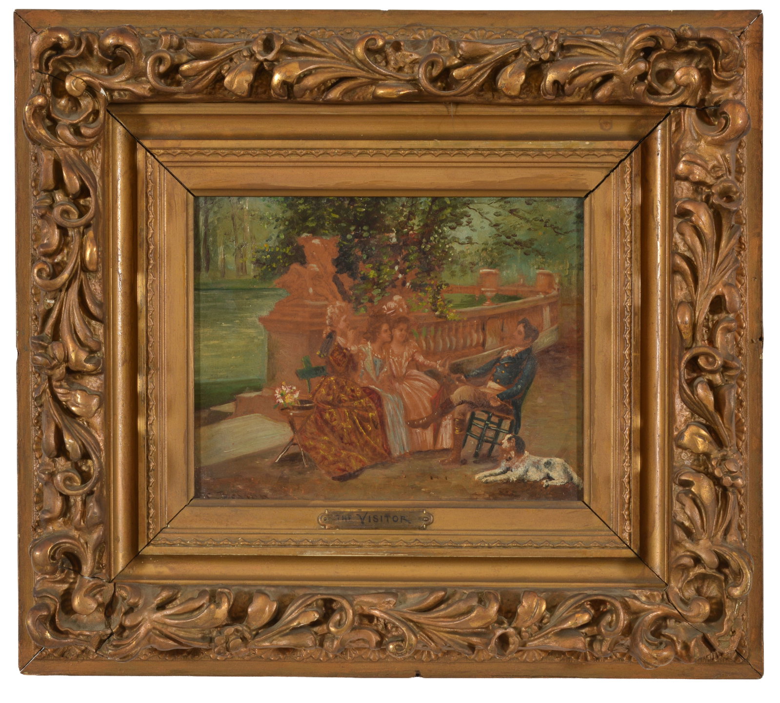 19th Century French, signed illegibly C. Bosoun. Courting exterior genre scene with figures by lake: 19th Century French, signed illegibly C. Bosoun. Courting exterior genre scene with figures by lake pavilion with dog. Titled "The Visitor" Oil on canvas. Gilt gesso frame. Image size 7 x 9 in, overal
