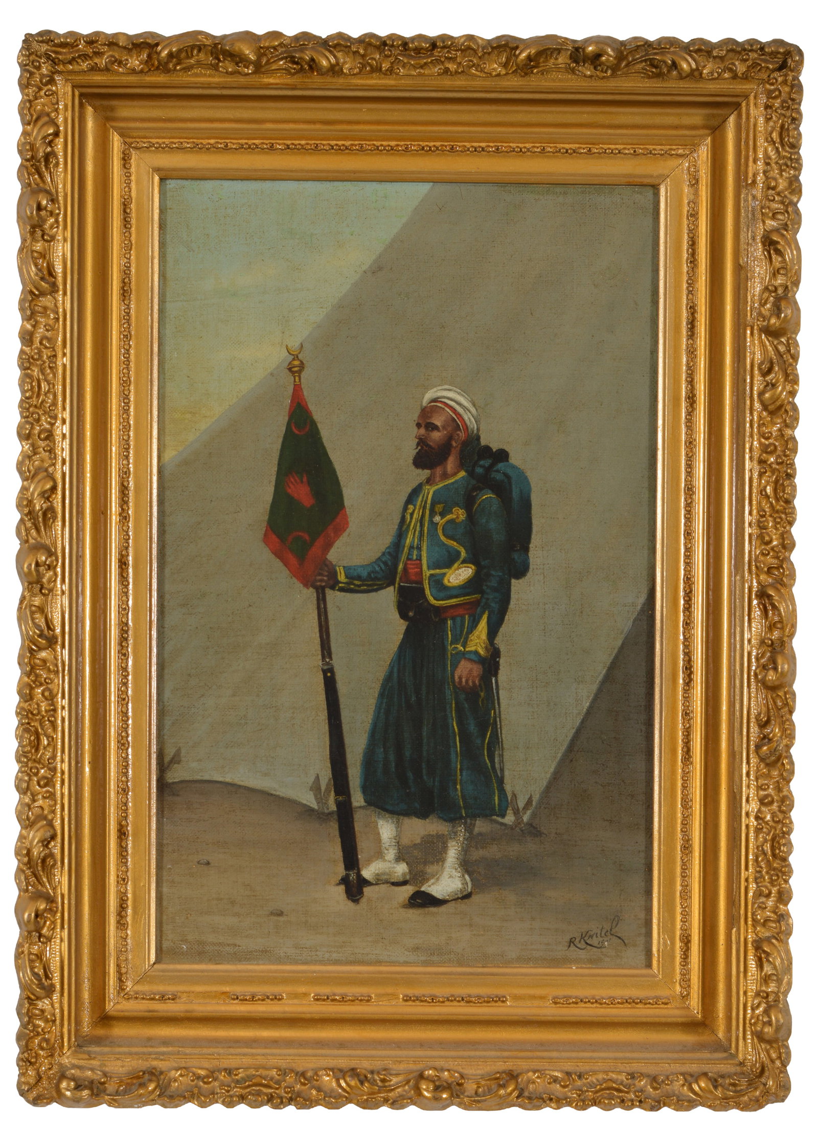 1901 painting of an Ottoman soldier in uniform with standard. Oil on canvas. Signed R. Knitel and: 1901 painting of an Ottoman soldier in uniform with standard. Oil on canvas. Signed R. Knitel and dated 1901 lower right. Framed.