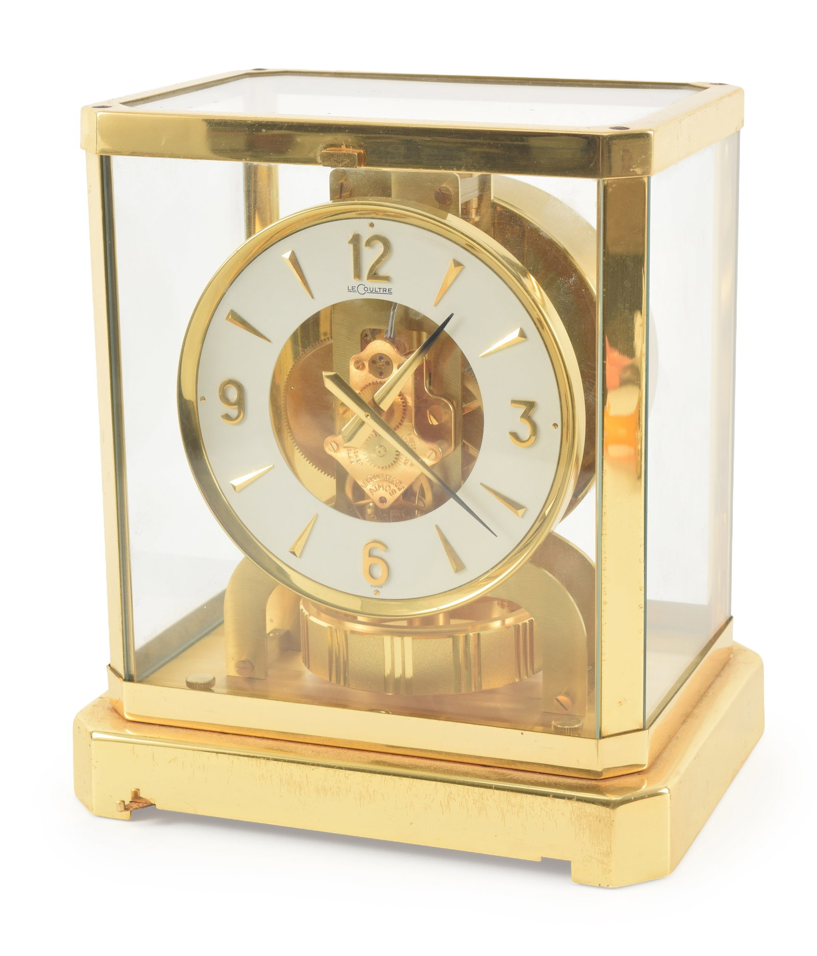 Le Coultre atmos desk clock. Polished brass case with glass panels. Top of works marked with serial (1 of 7)