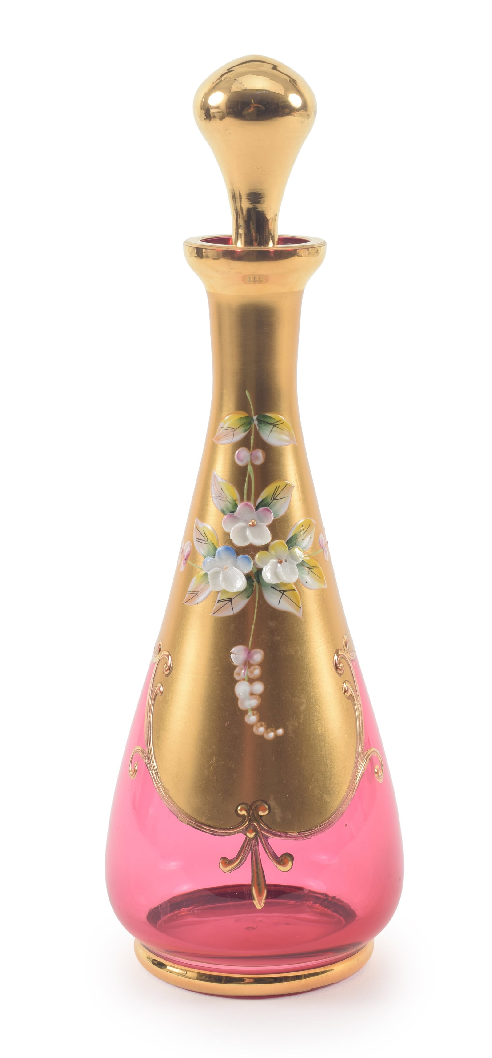 Vintage Tre Fuochi Murano Venetian ruby glass decanter with gold overlay and floral decorations. (1 of 3)