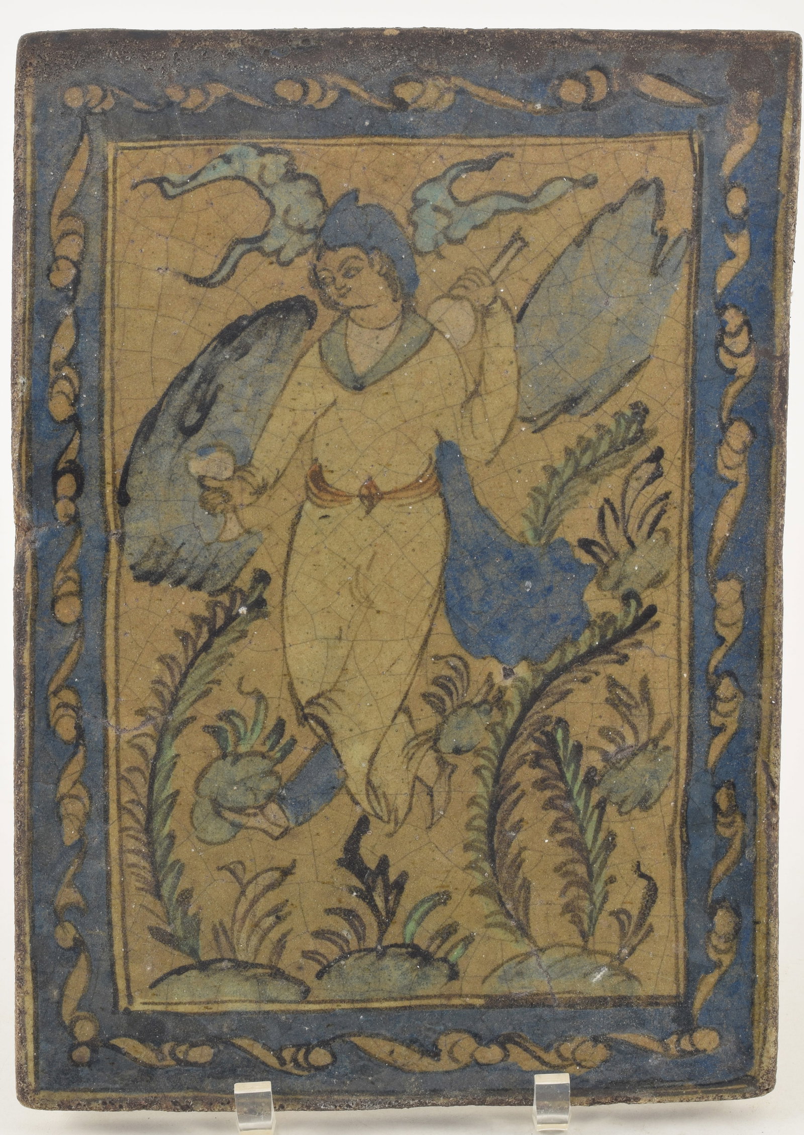 Persian glazed pottery tile with figural scene. 19th century. 13.5 x 9.75in. (1 of 3)