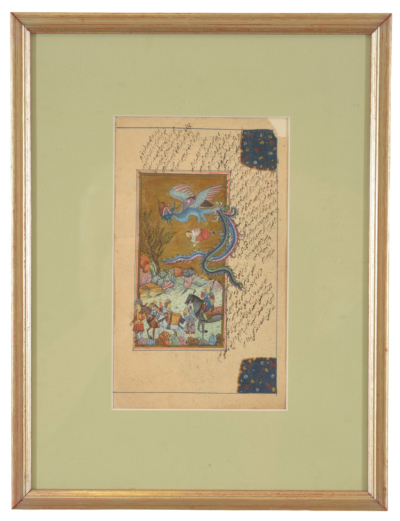 Persian miniature painting with mythical bird-like dragon Simurgh. Border with calligraphy. Framed. (1 of 7)
