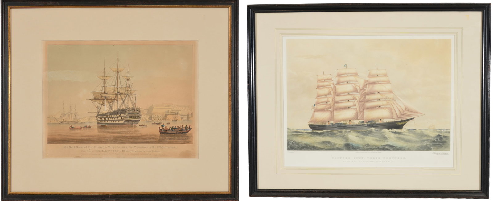 2 Nautical prints, including a hand colored aquatint, "To the Officers of Her Majesty's Ships (1 of 8)