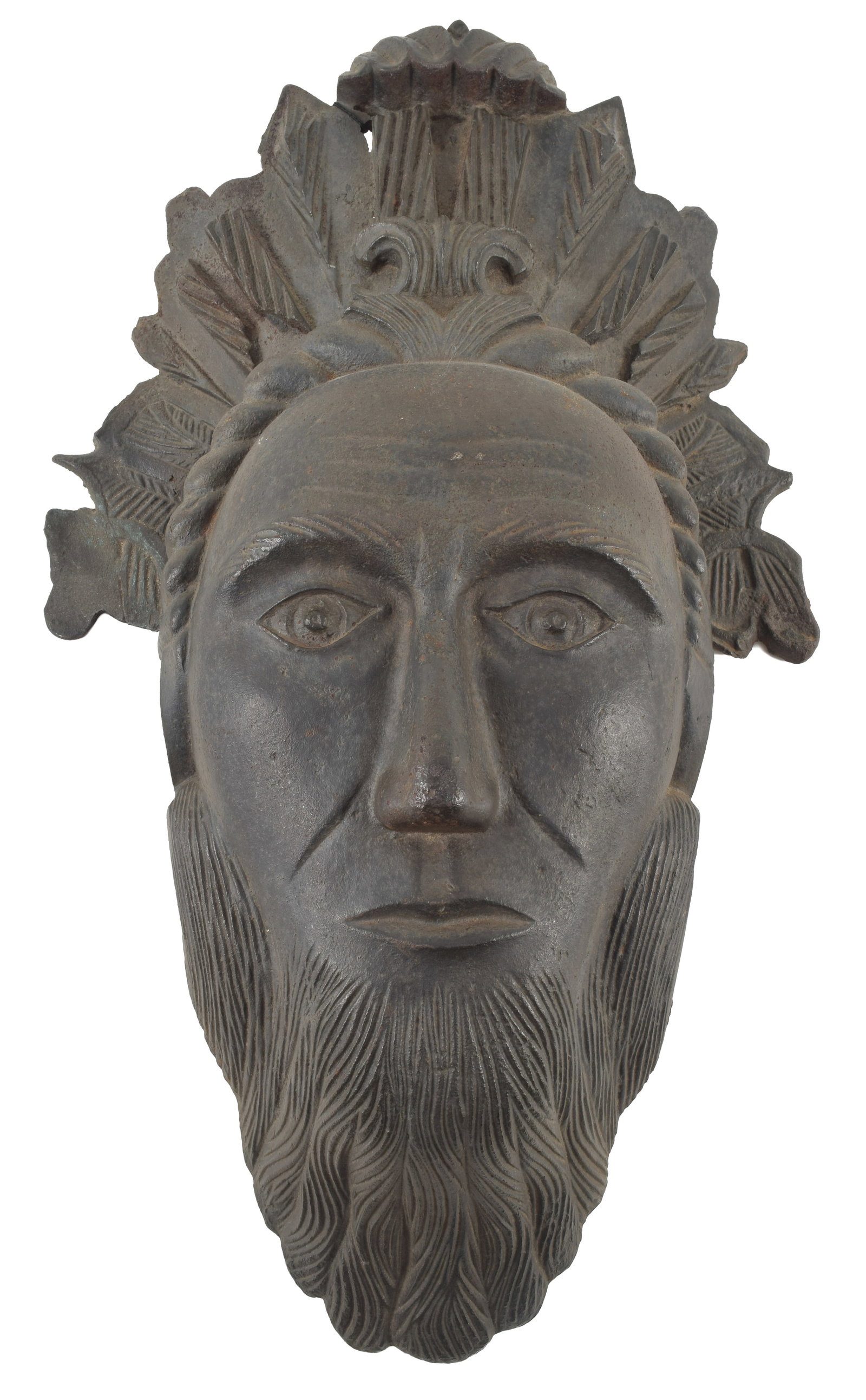 Antique Green Man cast iron architectural element. Bearded figure depicted with a headdress and (1 of 3)