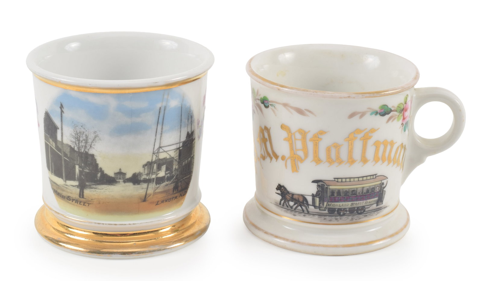 2 19th century shaving mugs. 1) December 25th, 1882 dated mug with Highland Street Railway trolly (1 of 7)