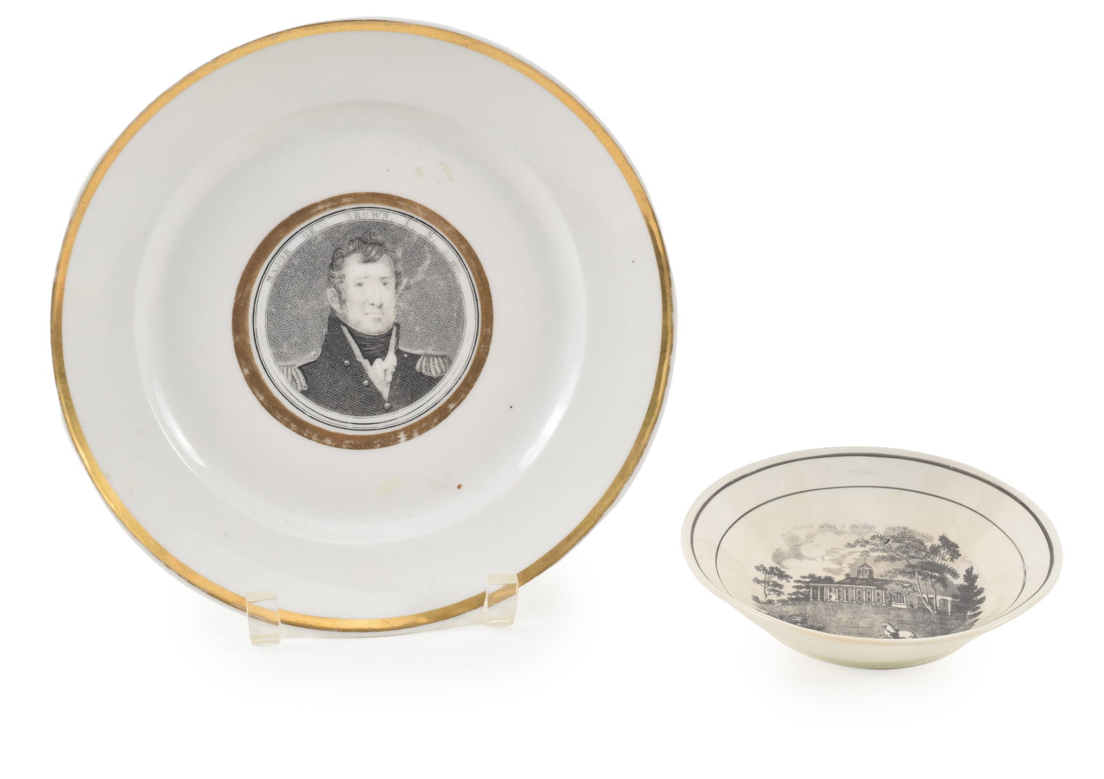 2 U.S History ceramic plates. 1) Saucer depicting Mount Vernon. Stained. 2) Major General Brown, (1 of 4)