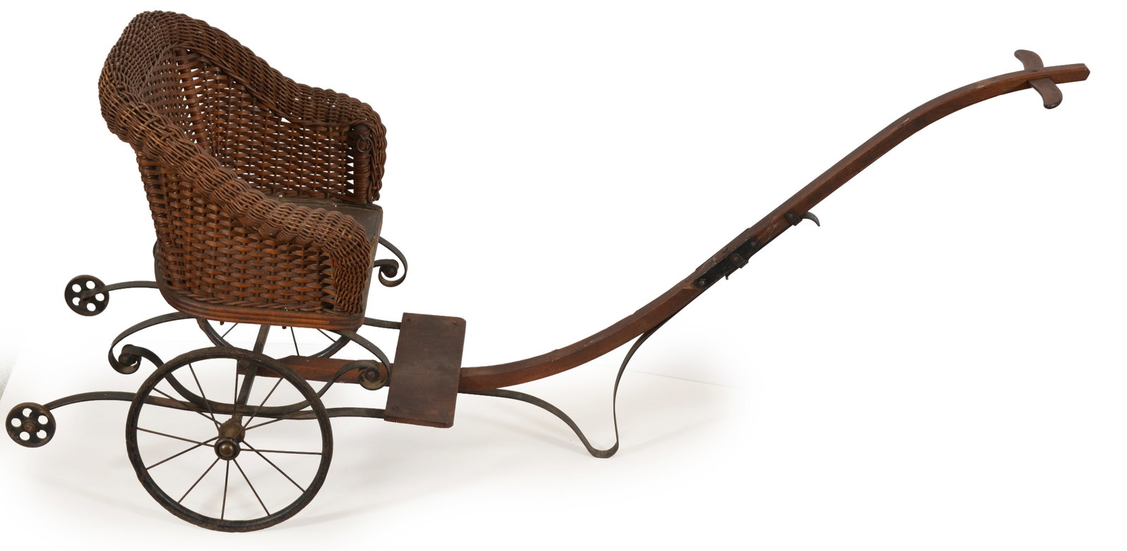 Victorian wicker and steel child's or dolls pull rickshaw. Height 22 in, length 50 in.: Victorian wicker and steel child's or dolls pull rickshaw. Height 22 in, length 50 in.