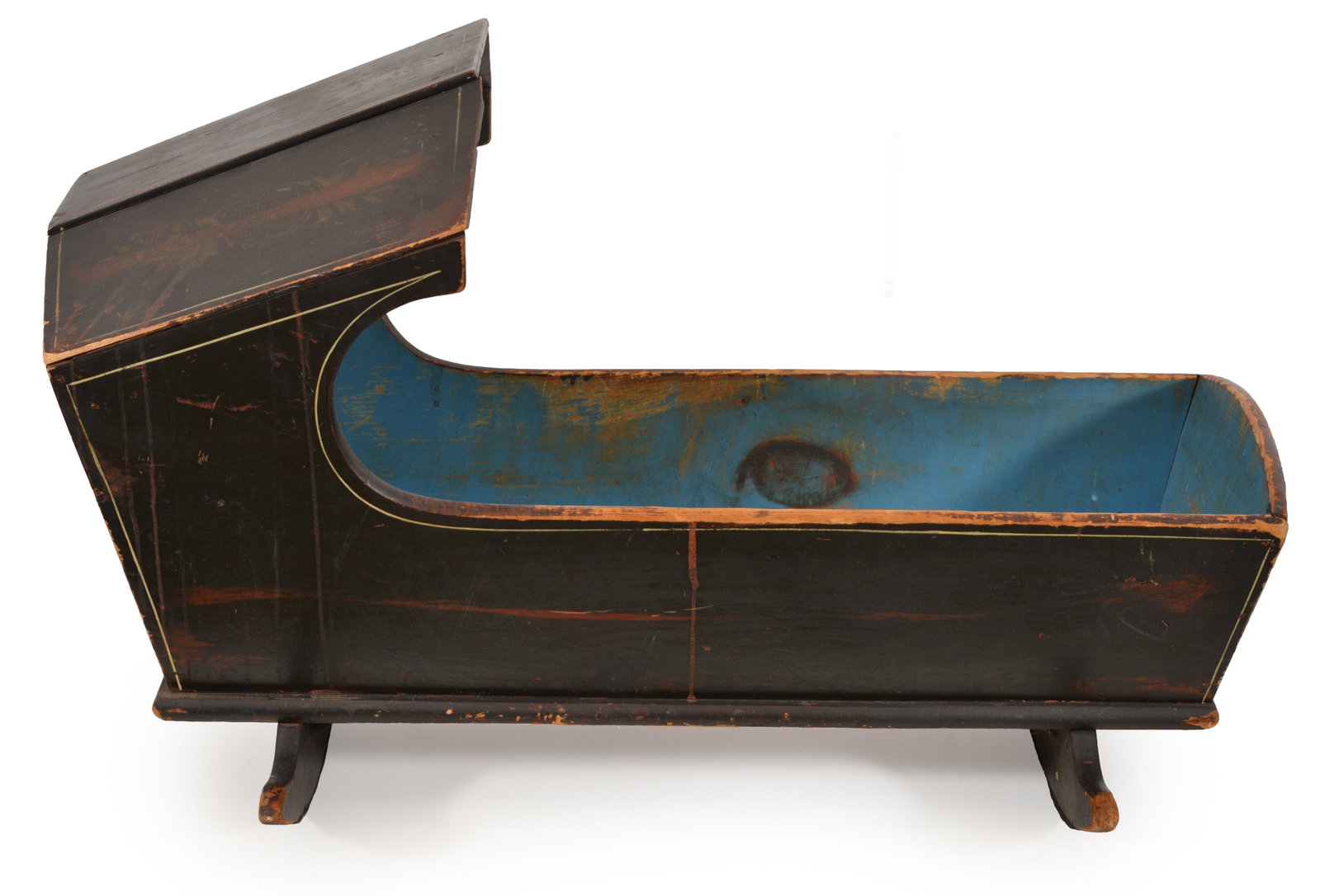 19th Century hooded grain painted rocking cradle with blue painted interior and stencil decorations (1 of 6)