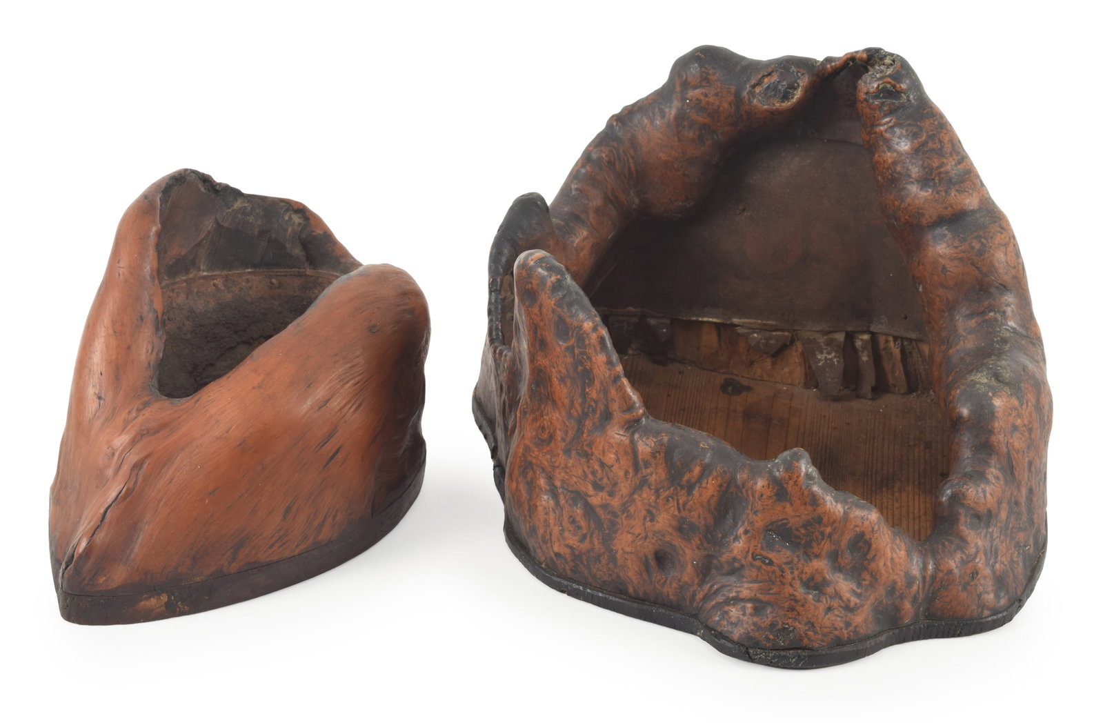 2 Japanese open burlwood stands, the largest in the form of a mountain grotto. 8.5in high.: 2 Japanese open burlwood stands, the largest in the form of a mountain grotto. 8.5in high.
