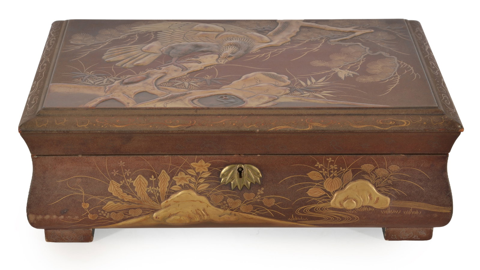 Japanese lacquer and gilt decorated sewing box with eagle decorations and neatly fitted interior. (1 of 5)