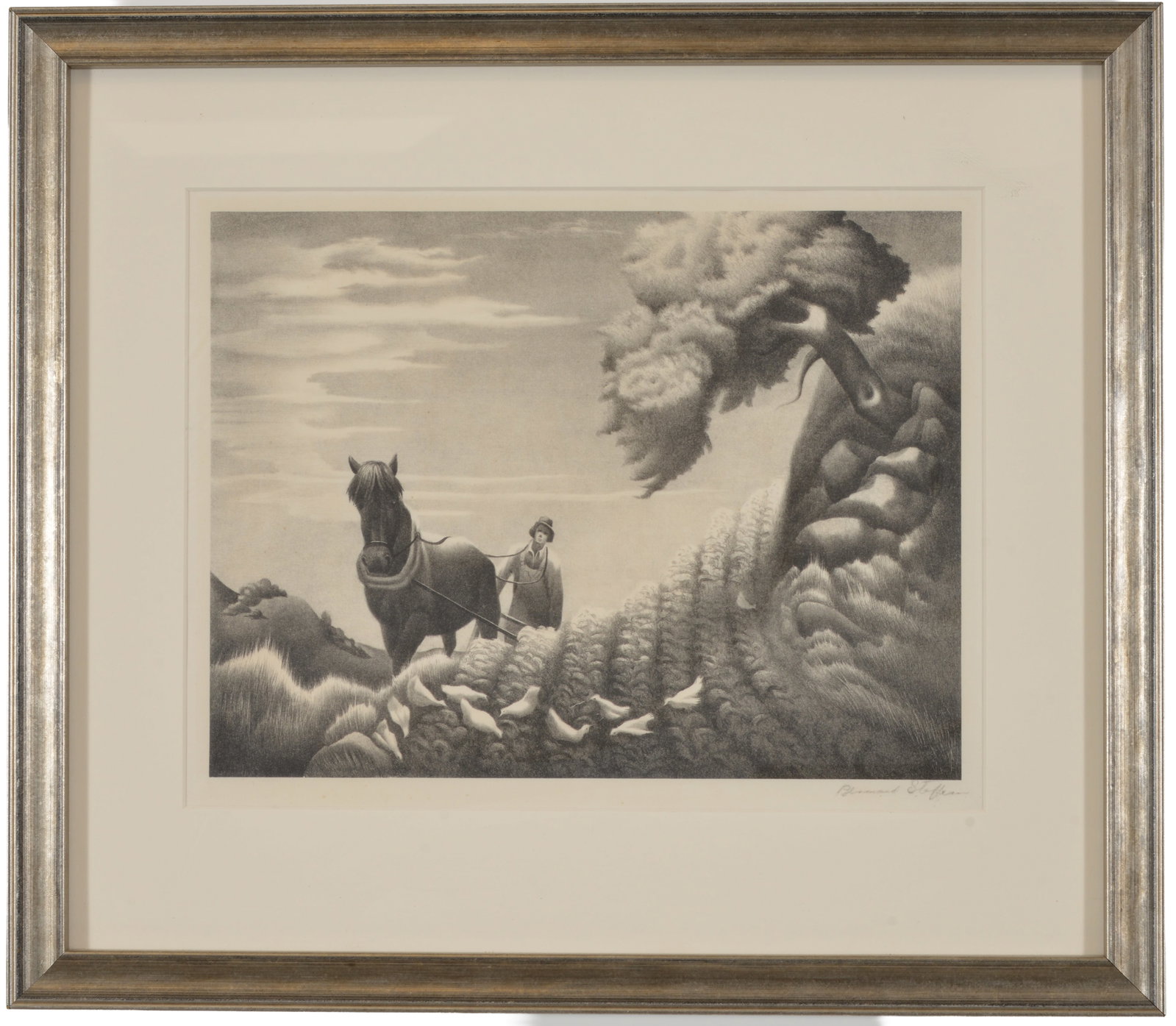 Bernard Steffen, American 20th Century. "Upland" Lithograph, signed lower right. Association of: Bernard Steffen, American 20th Century. "Upland" Lithograph, signed lower right. Association of American Artist label on reverse. Framed. Sight size 10.5 x 13.5 in, overall size 17.25 x 19.75 in.