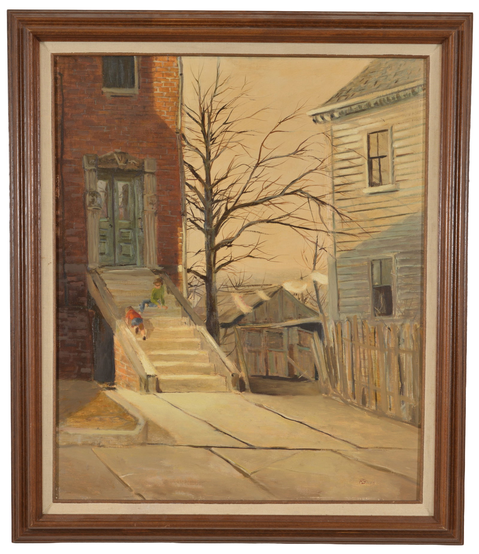 Robert Bliss, Massachusetts 20th Century. Urban residential view with children playing on an: Robert Bliss, Massachusetts 20th Century. Urban residential view with children playing on an apartment stoop. Signed lower right. Oil on canvas. Framed. Images size 23.5 x 19.5 in, overall size 28.5