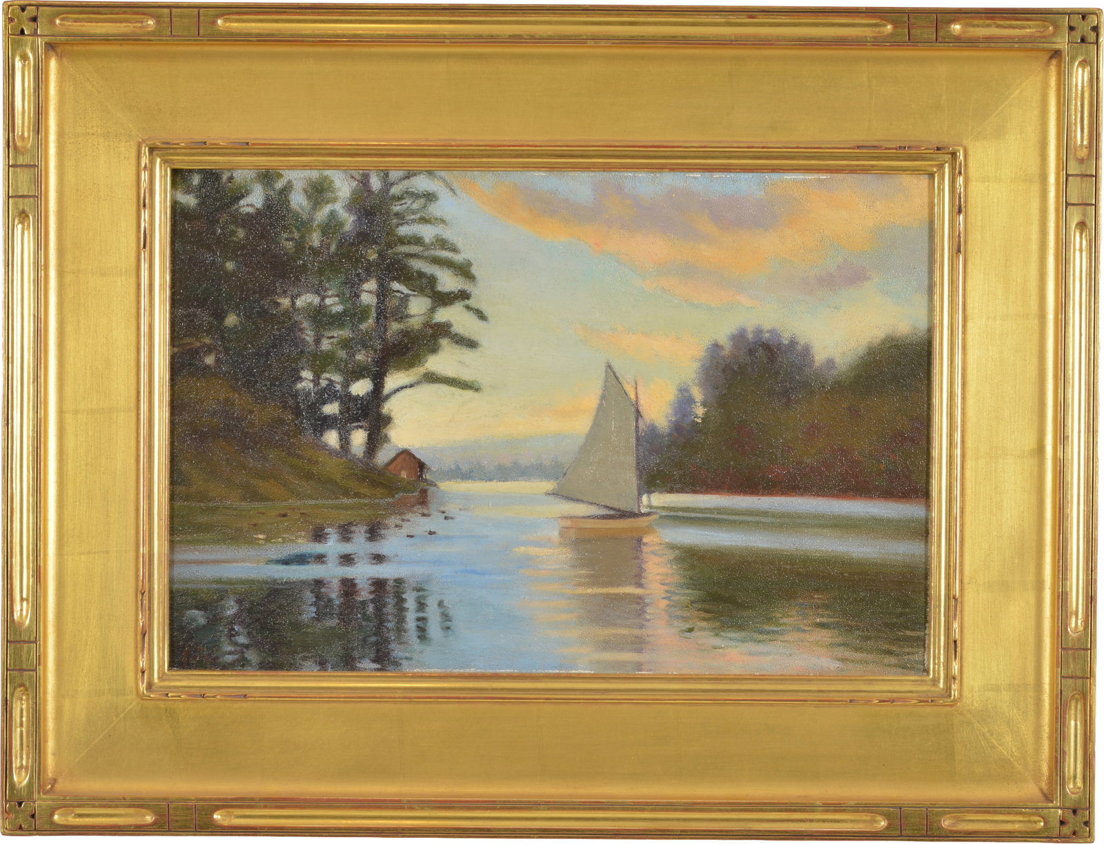 Richard Foley. Mountain lake side view with sailboat and cottage. Oil on artist board. Signed lower: Richard Foley. Mountain lake side view with sailboat and cottage. Oil on artist board. Signed lower left. Framed. Image size 12 x 18 in, overall size 19 x 25 in.