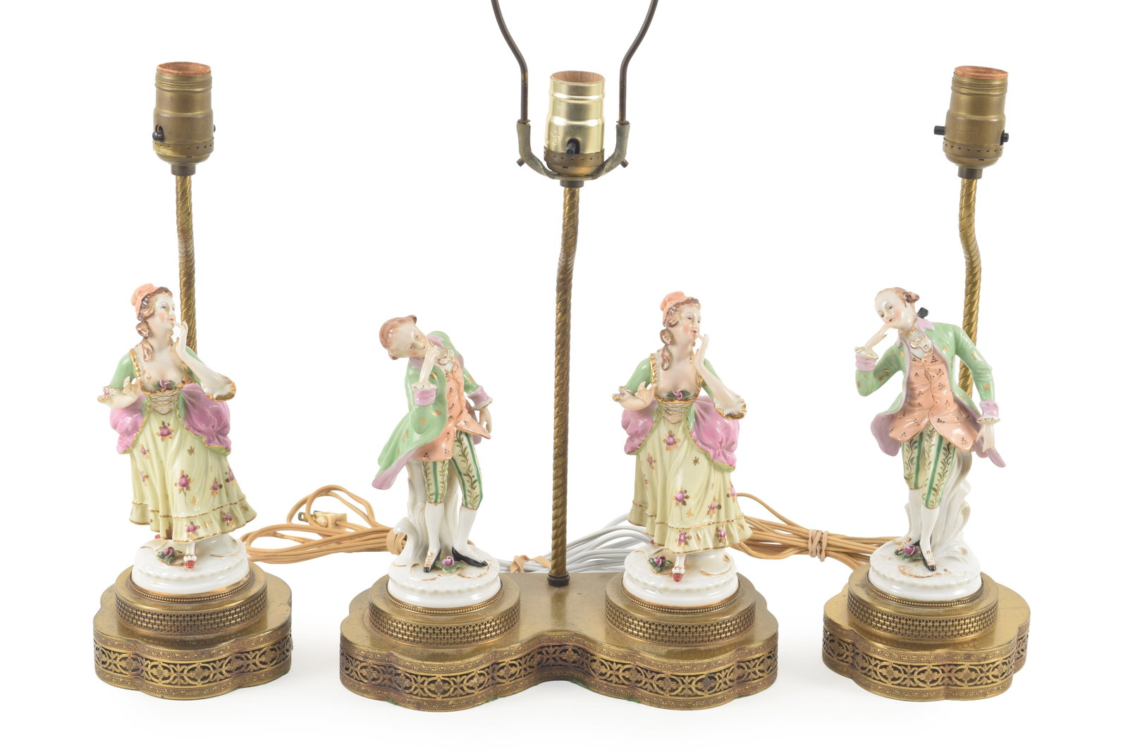 Set of 3 continental porcelain figural lamps on gilt metal bases. 2 single figure lamps and a double (1 of 6)