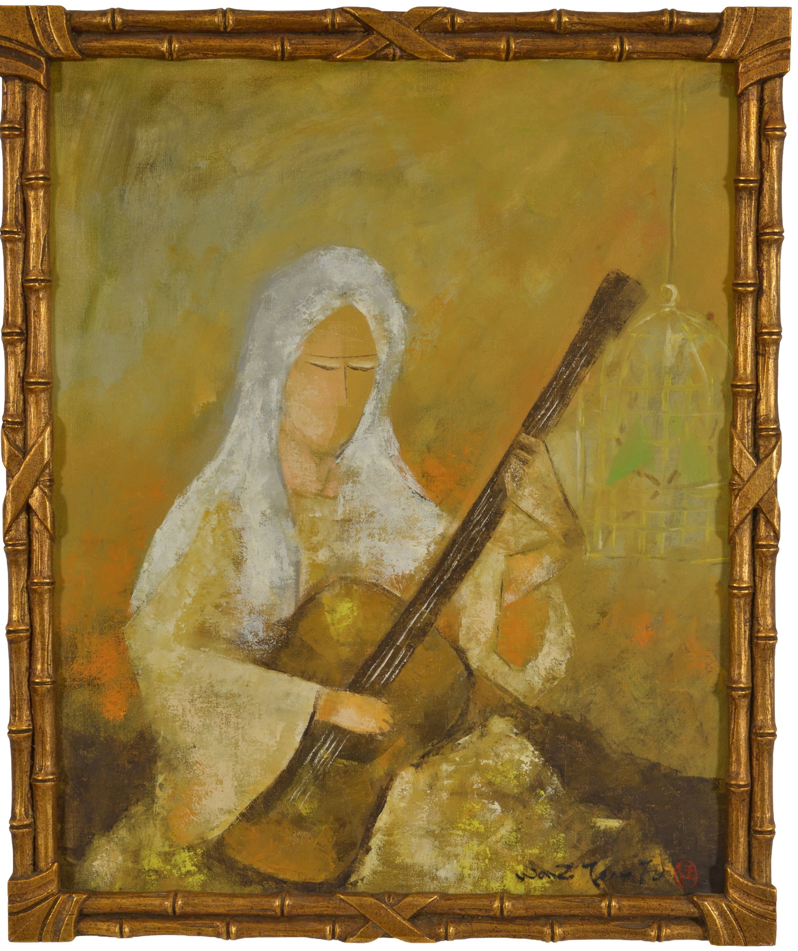 20th century modernist view of guitar player. Signed and with serigraph lower right Oil on canvas.: 20th century modernist view of guitar player. Signed and with serigraph lower right Oil on canvas. Framed. Image size 25.5 x 21.5 in. overall size 28.25 x 23.25 in.