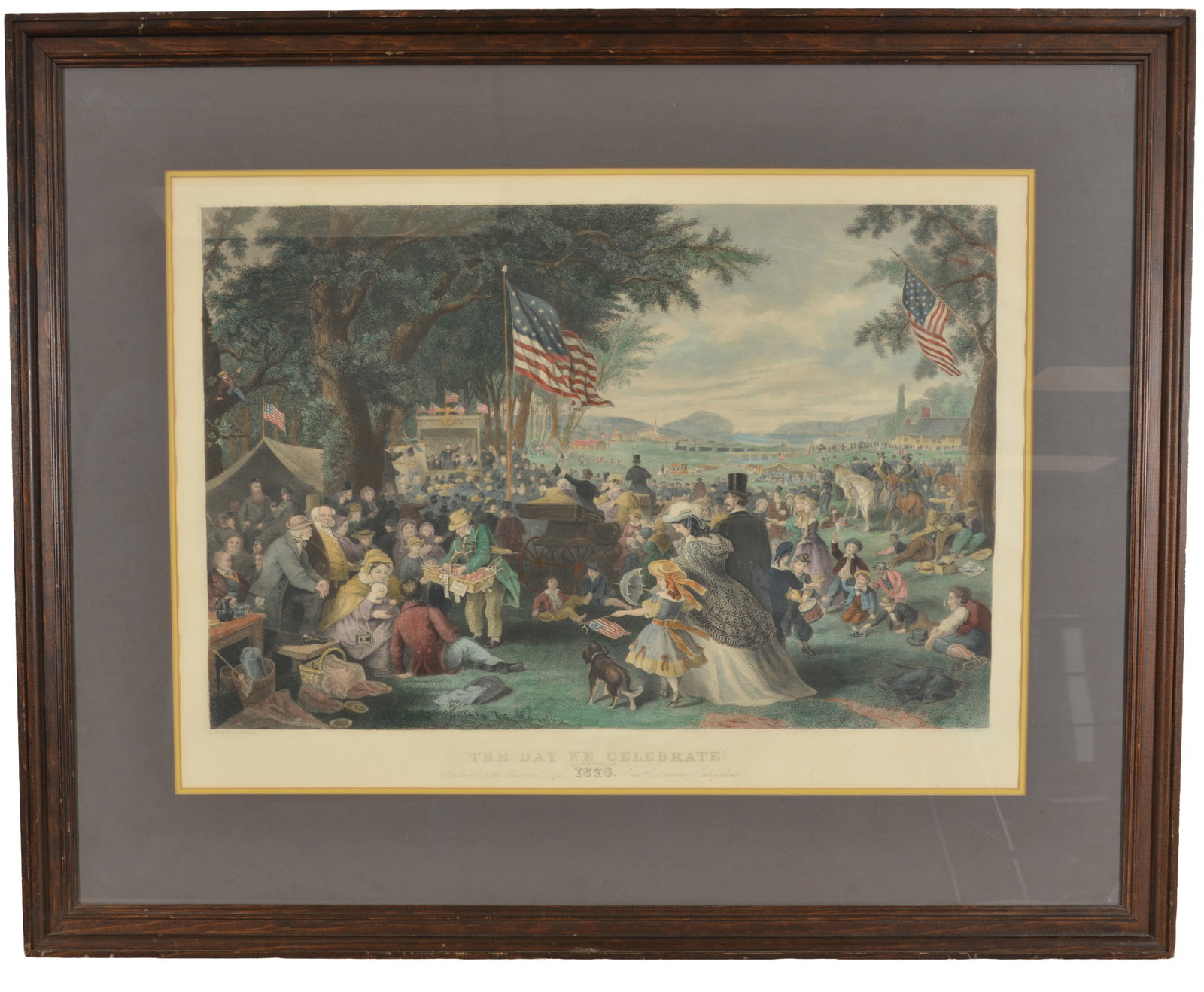 Hand colored engraving titled, "The Day We Celebrate, Commemorative of 1876, Dedicated to the: Hand colored engraving titled, "The Day We Celebrate, Commemorative of 1876, Dedicated to the American People, The Centenary of Independence". Engraved by John C. McRae after a painting by Frederick