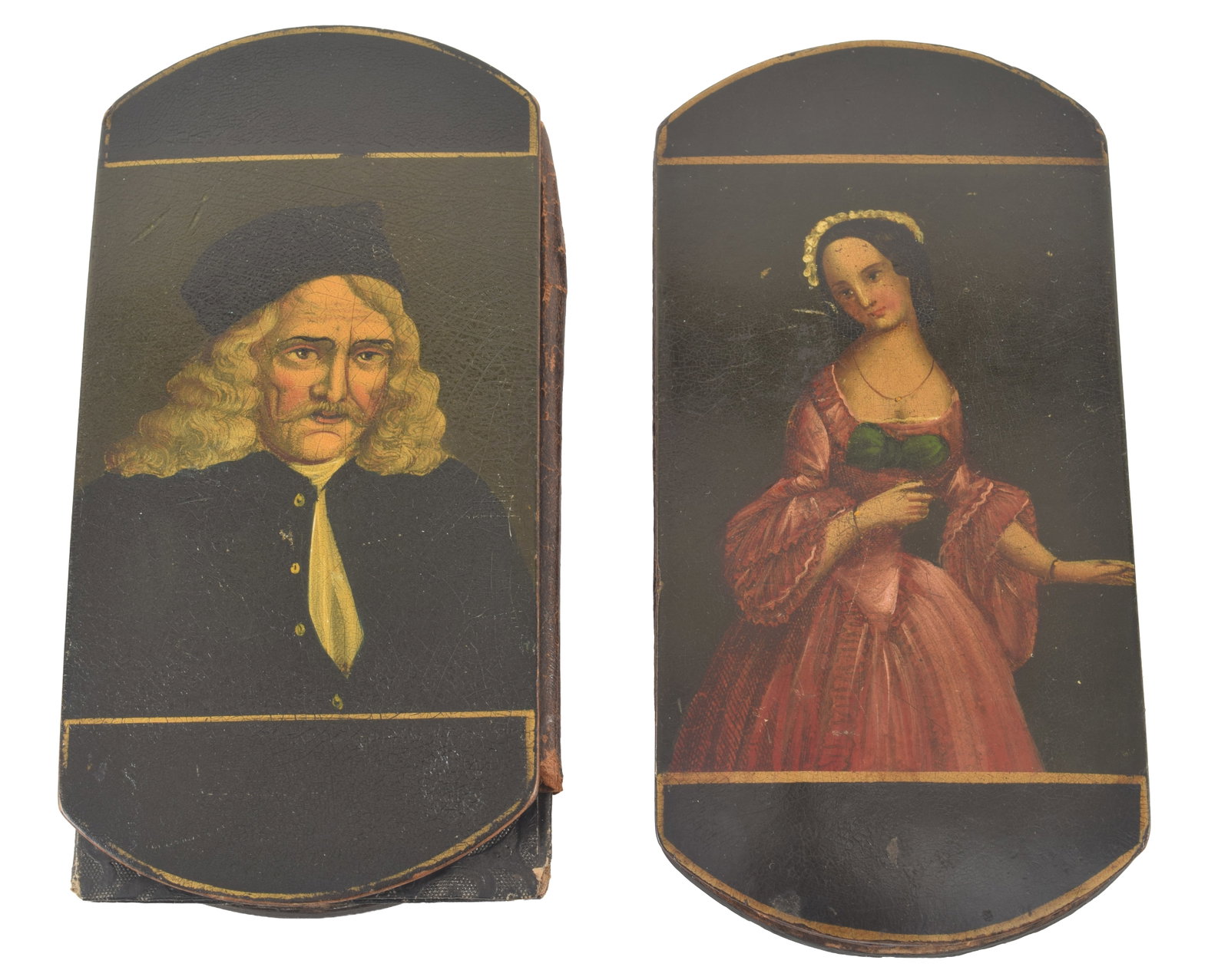 2 hand painted and lacquered eyeglass cases, 19th century. Depictions of beauties and an elderly: 2 hand painted and lacquered eyeglass cases, 19th century. Depictions of beauties and an elderly man. 5.5in length.