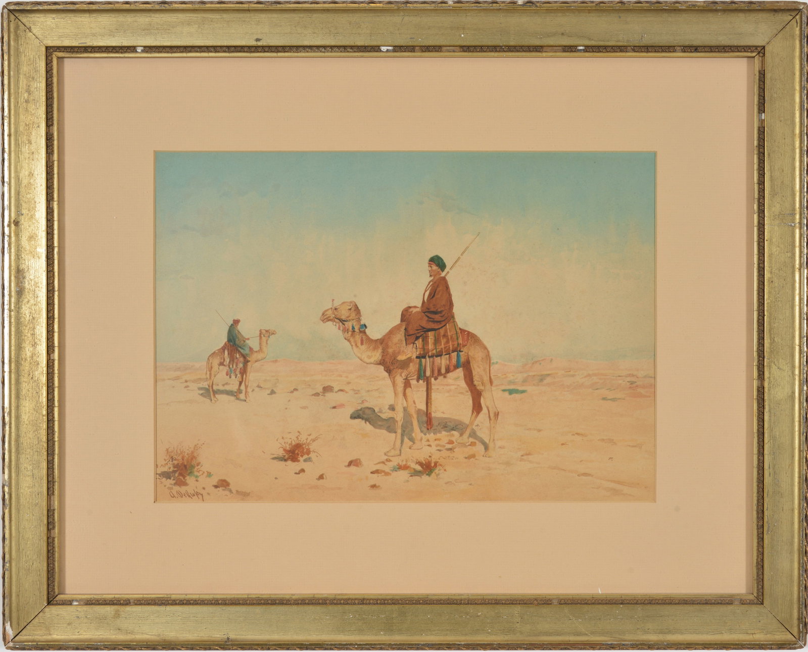 Orientalist colored lithograph of Bedouins on camels in desert landscape. Signed lower left. Framed.: Orientalist colored lithograph of Bedouins on camels in desert landscape. Signed lower left. Framed. Image size 10 x 14 1/2 in, overall size 18 3/4 x 23 1/2in