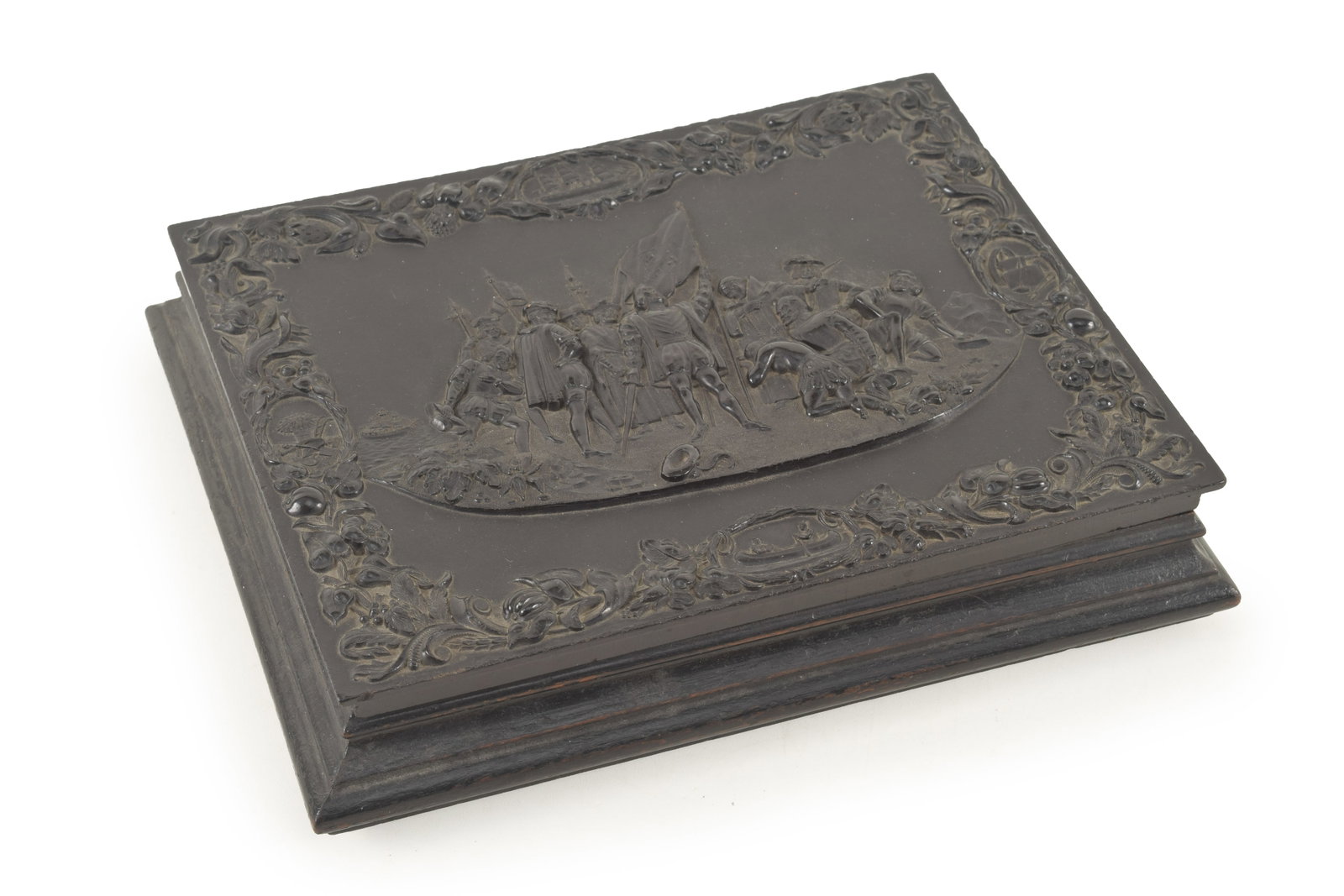 19th century thermoplastic whole plate photograph case depicting the Landing of Columbus. Border of (1 of 4)