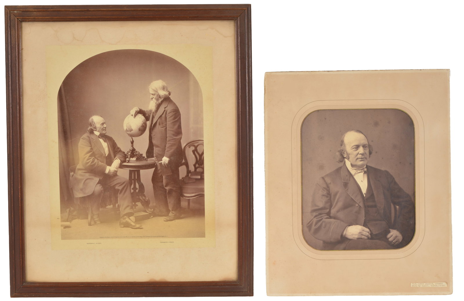 Large format albumen photograph of Professor Louis Agassiz and another of a posed image of Professor: Large format albumen photograph of Professor Louis Agassiz and another of a posed image of Professor Agassiz and Professor Benjamin Pierce. Photo by Antoine Sonrel, Boston 1864-65. Posed photo framed.