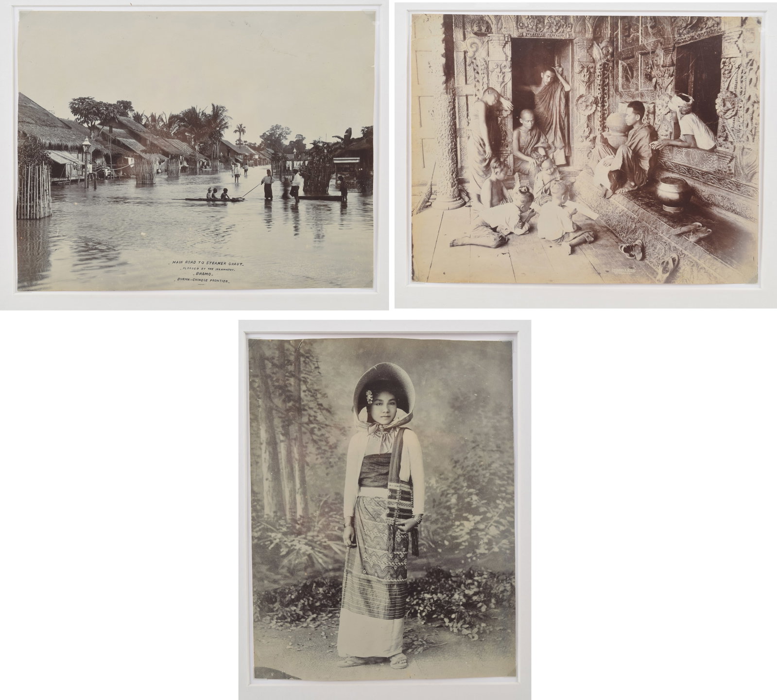 3 Burmese photographs, late 19th/early 20th century. 1) Portrait of standing woman in elegant dress: 3 Burmese photographs, late 19th/early 20th century. 1) Portrait of standing woman in elegant dress and hat. 2) Temple interior scene with young men and children. Johanne & Co., Mandalay photographer.