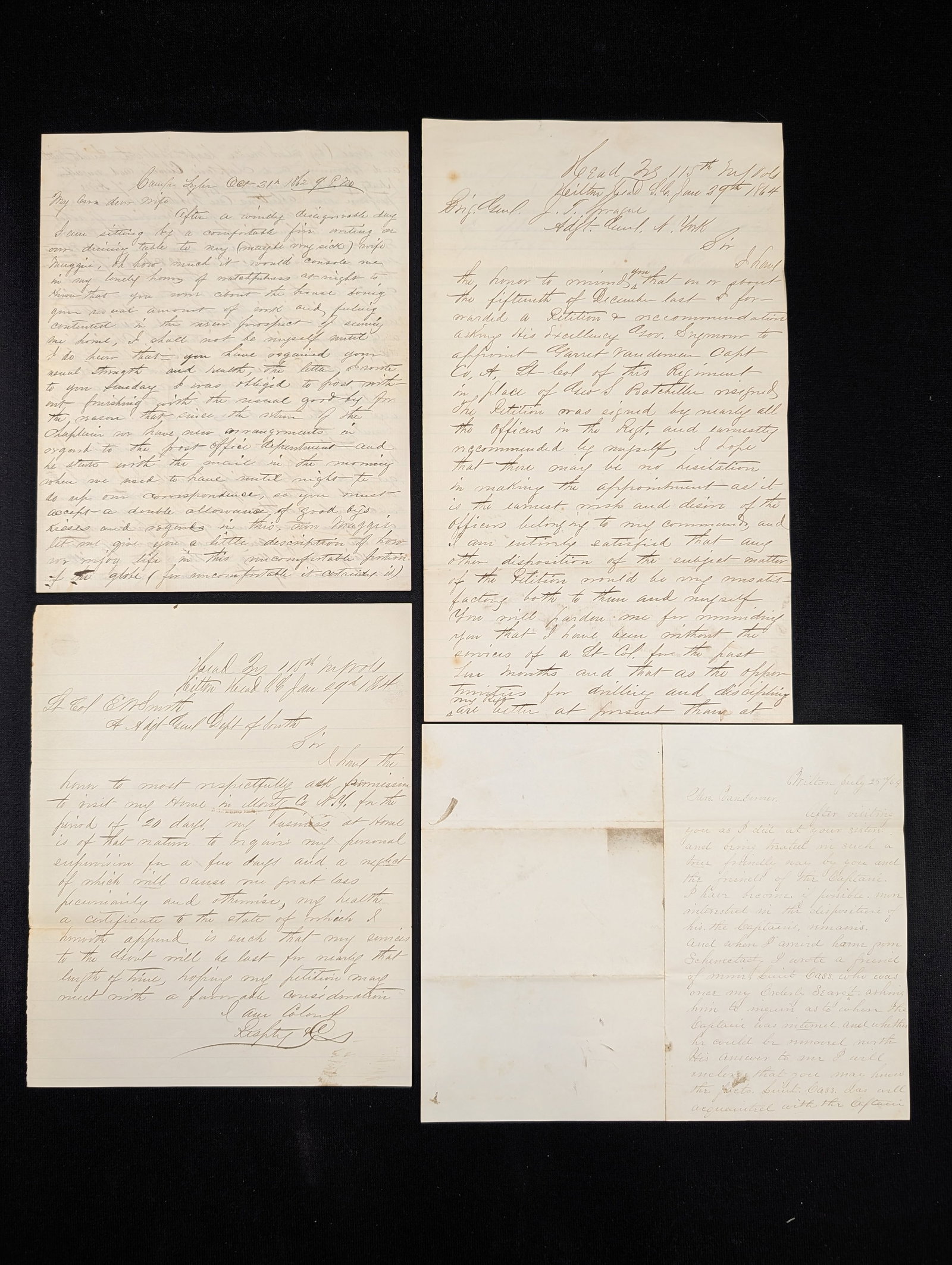 4 Civil War letters, including a soldier writing to his sick wife, a request for leave, a request: 4 Civil War letters, including a soldier writing to his sick wife, a request for leave, a request for appointment of a new officer, and other subjects. Largest:13 x 7.75in.
