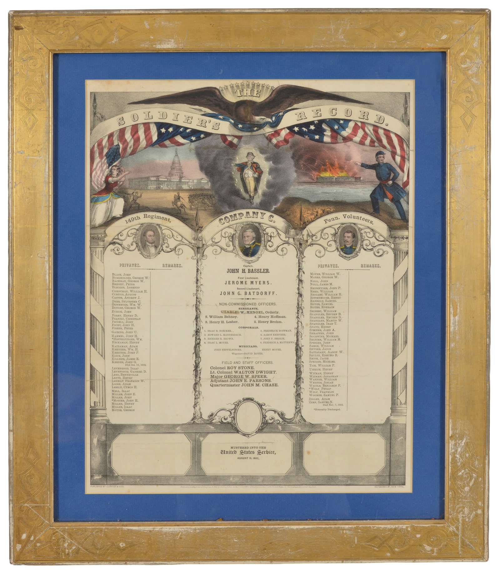 Currier & Ives colored lithograph, Soldier's Record for Company C of the 149th Pennsylvania regiment (1 of 5)