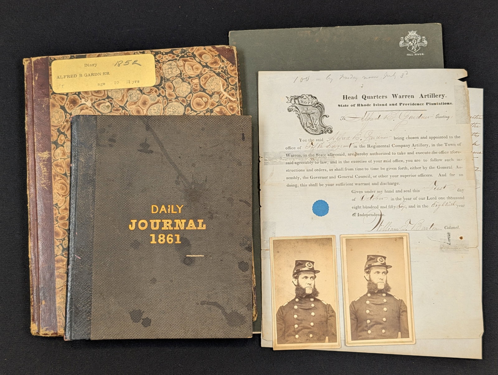 Alfred Bosworth Gardner ephemera collection. To include: 2 Civil War CDVs of him in uniform; Warren,: Alfred Bosworth Gardner ephemera collection. To include: 2 Civil War CDVs of him in uniform; Warren, Rhode Island artillery company fifth sergeant appointment dated 1856, diaries from 1852 and 1861, a