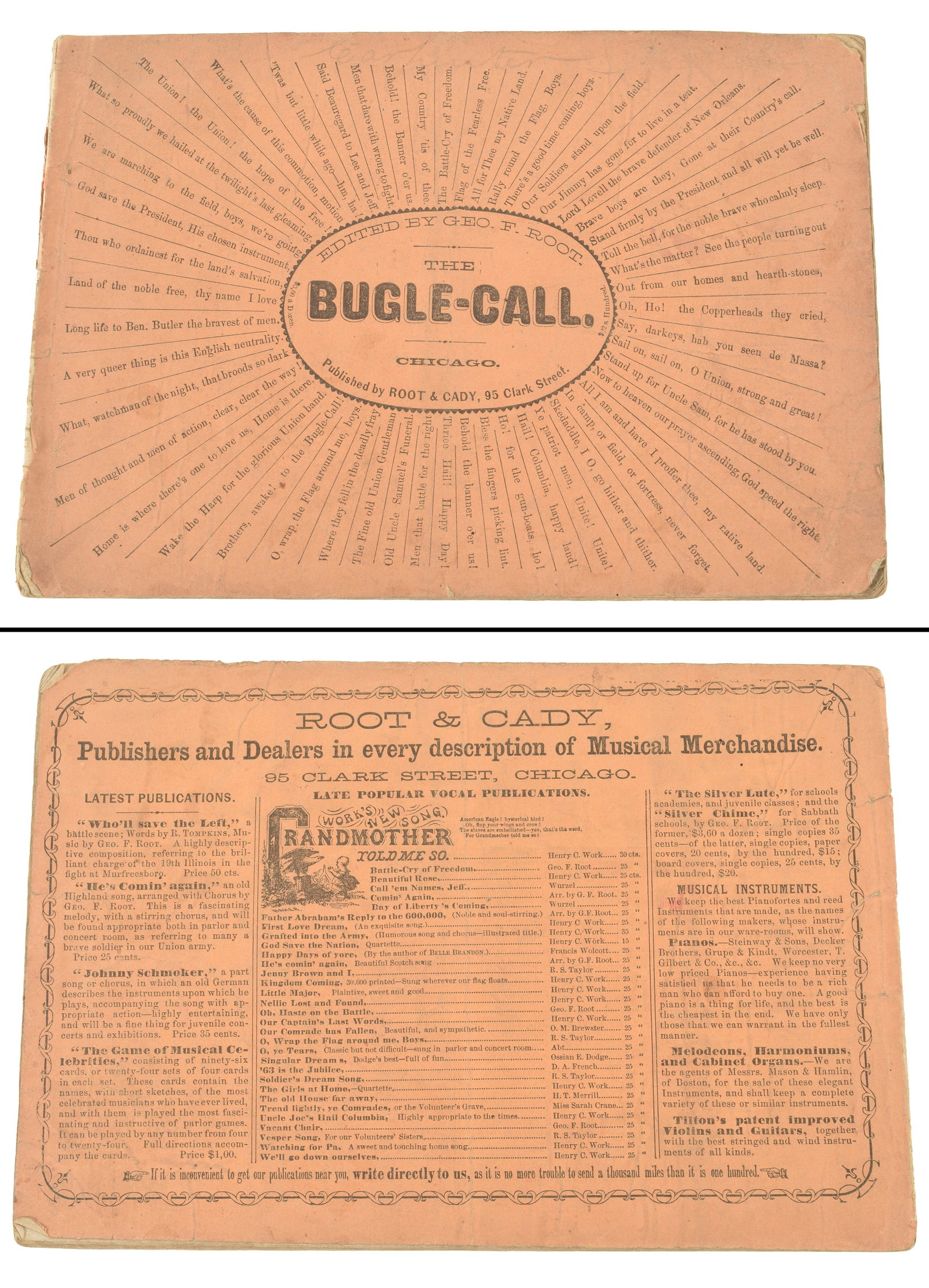 1863 The Bugle-Call edited by George Frederick Root. Scarce compilation of patriotic Civil War: 1863 The Bugle-Call edited by George Frederick Root. Scarce compilation of patriotic Civil War songs, including his most famous "The Battle Cry of Freedom". Paper wraps. Spine with losses. Some foxing